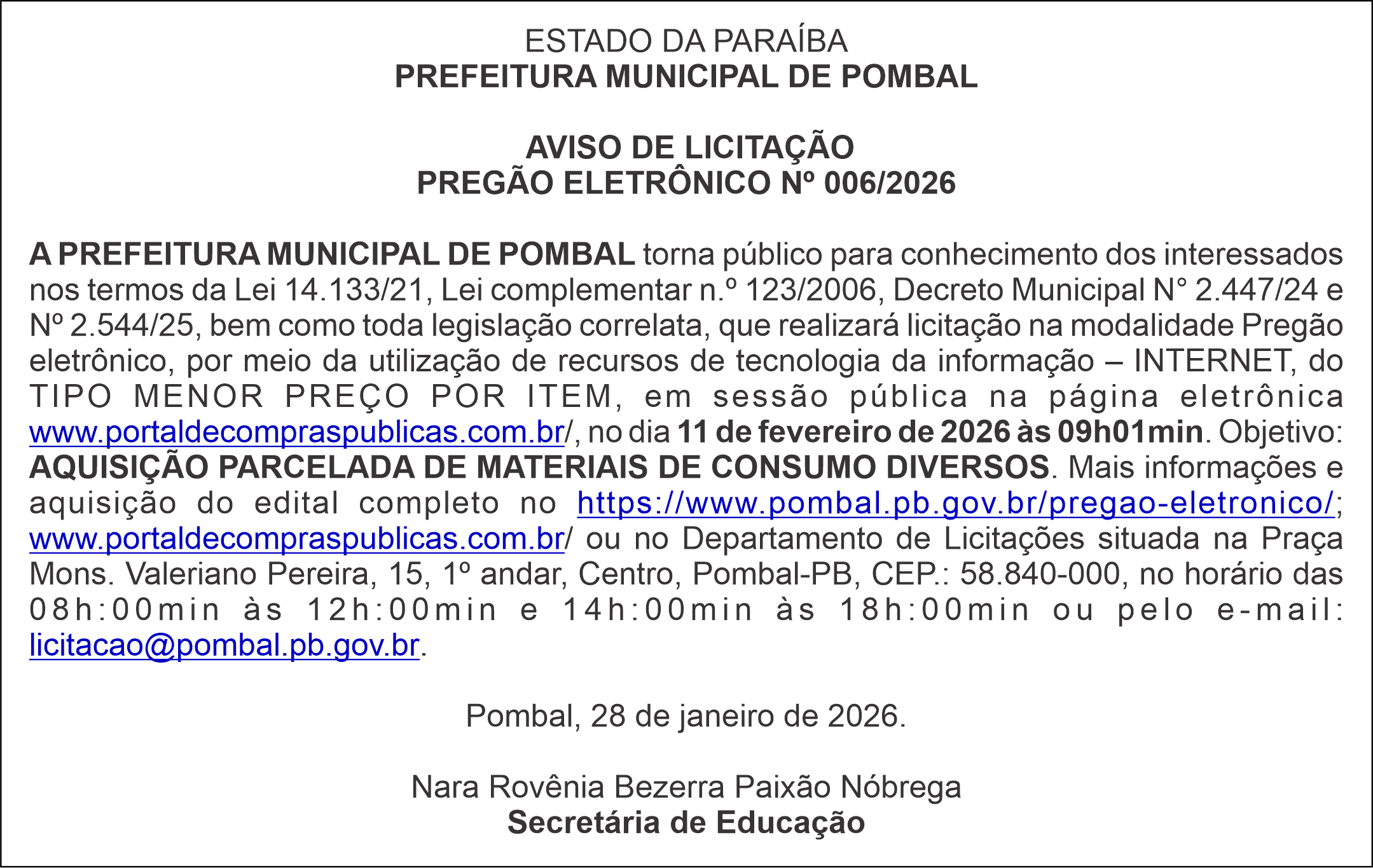 PREFEITURA MUNICIPAL DE POMBAL – AVISO DE LICITAÇÃO – PREGÃO ELETRÔNICO Nº 006/2026