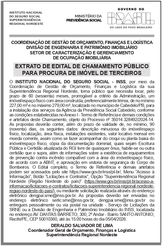 INSS – PE – RECIFE – EXTRATO DE EDITAL DE CHAMAMENTO PÚBLICO PARA PROCURA DE IMÓVEL DE TERCEIROS localizado no município de Cabedelo/PBS