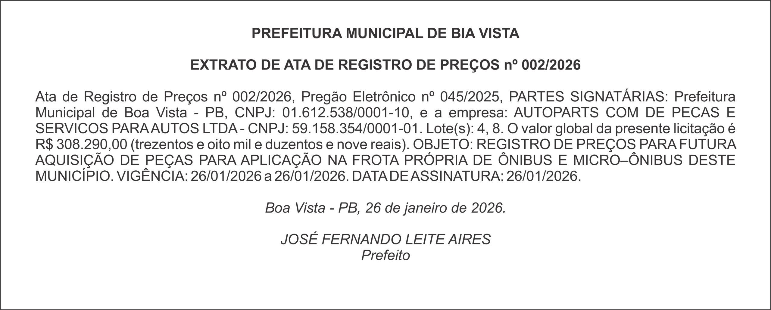 PREFEITURA DE BOA VISTA – EXTRATO DE ATA DE REGISTRO DE PREÇOS nº 002/2026