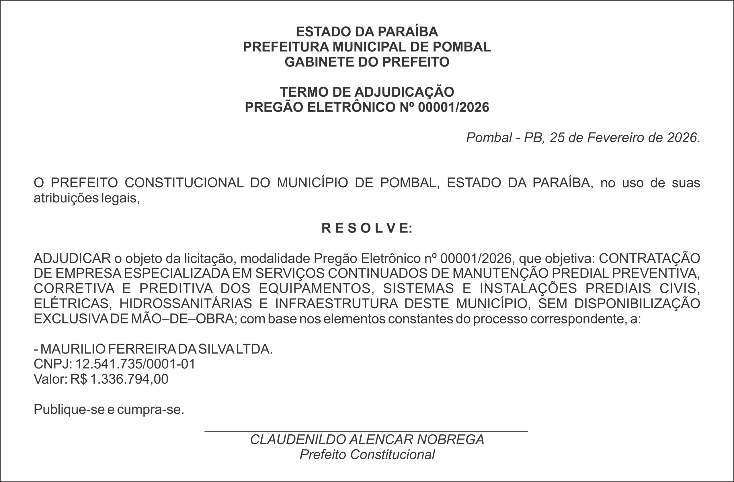 PREFEITURA MUNICIPAL DE POMBAL –  TERMO DE ADJUDICAÇÃO – PREGÃO ELETRÔNICO Nº 00001/2026