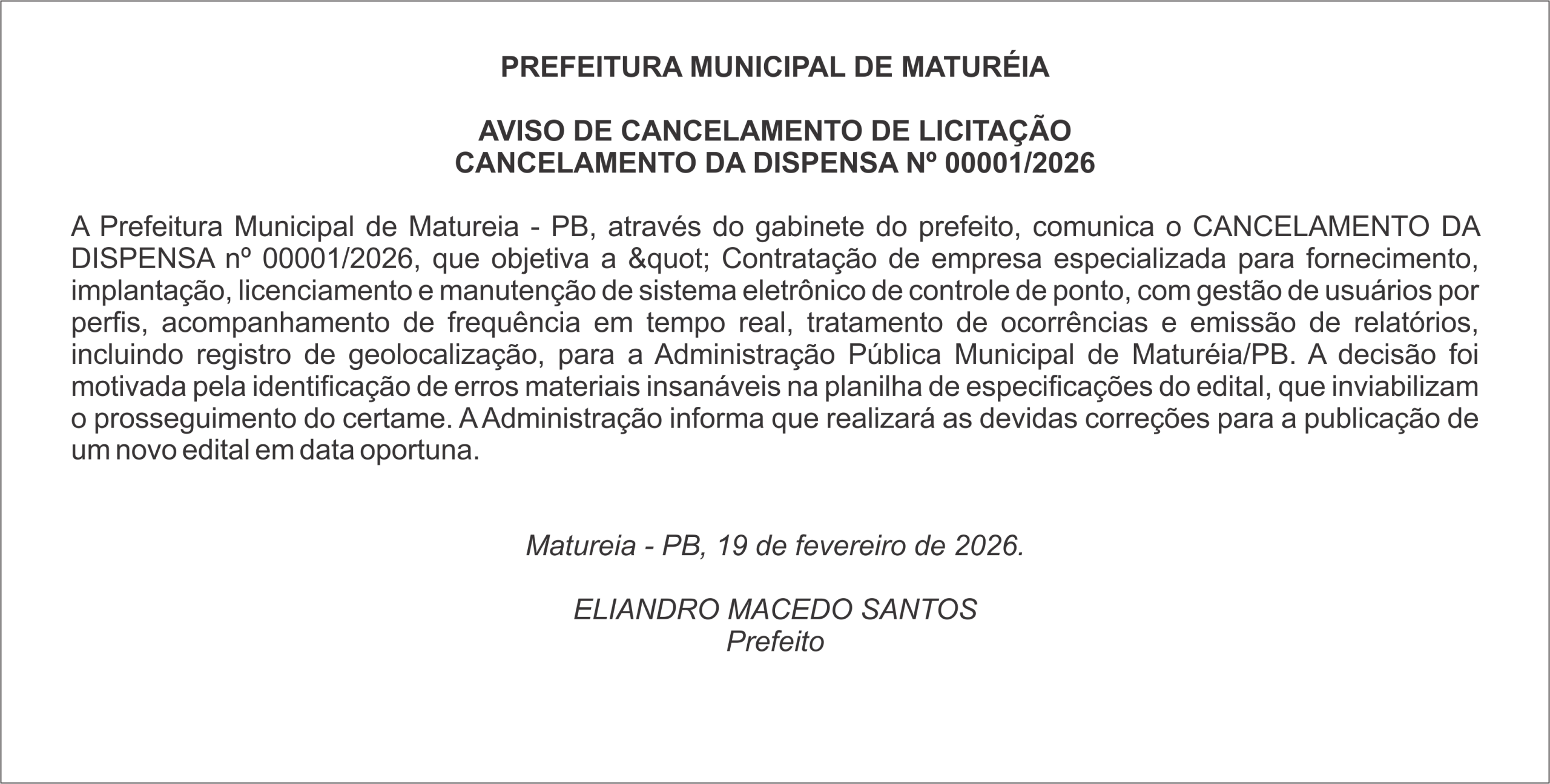 PREFEITURA DE MATURÉIA – AVISO DE CANCELAMENTO DE LICITAÇÃO – CANCELAMENTO DA DISPENSA Nº 00001/2026