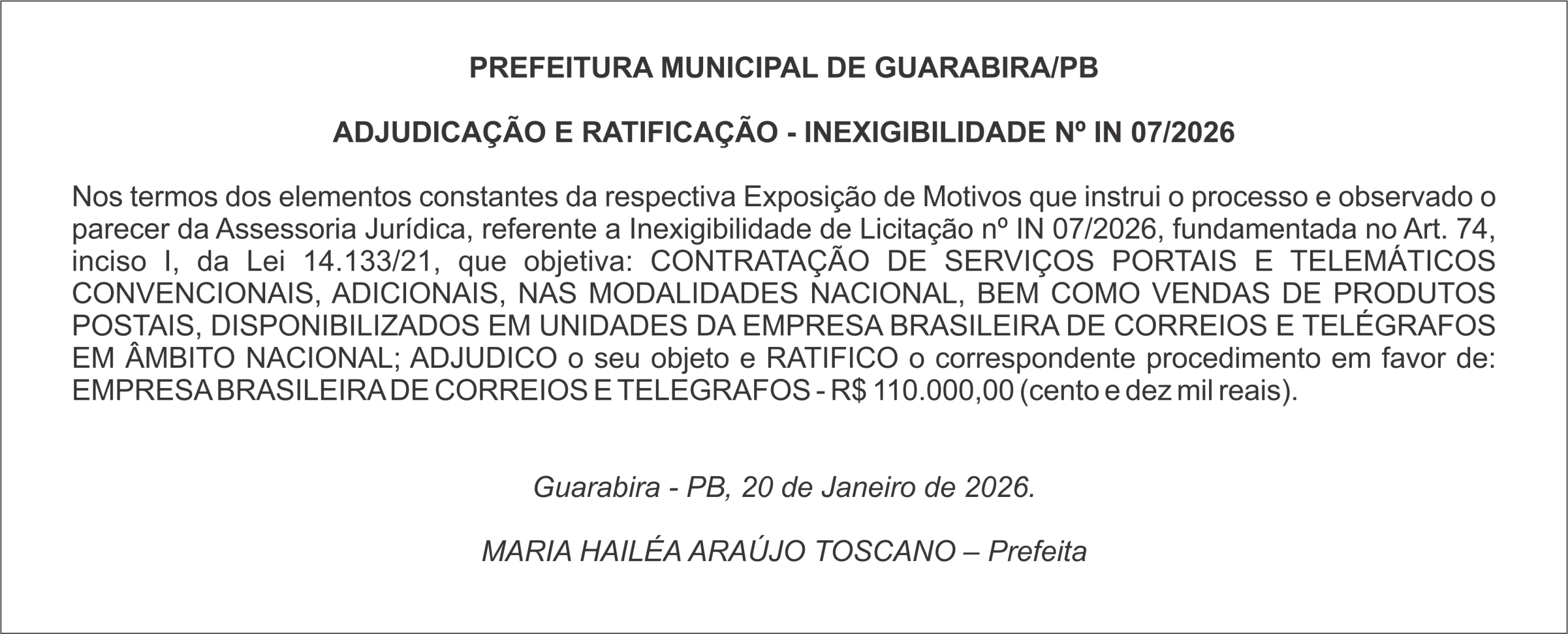 PREFEITURA MUNICIPAL DE GUARABIRA/PB – ADJUDICAÇÃO E RATIFICAÇÃO – INEXIGIBILIDADE Nº IN 07/2026