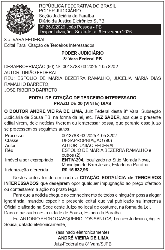 SECRETARIA NACIONAL DE SEGURANÇA HIDRICA – SNSH – MDR – DF – BRASÍLIA – Edital de Citação de Terceiro Interessado – ENTIV-294 (ESPÓLIO DE MARIA BEZERRA RAMALHO)