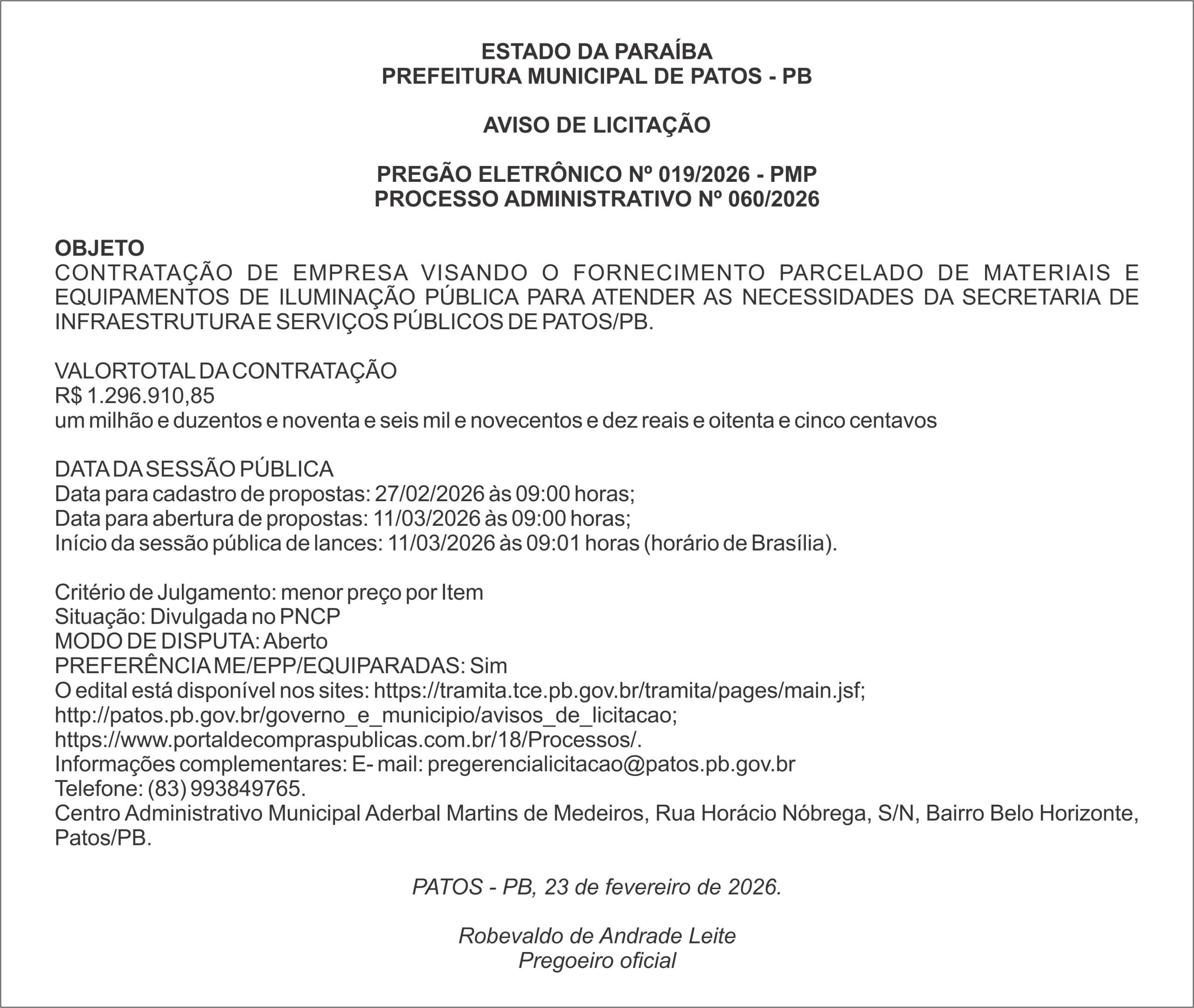 PREFEITURA MUNICIPAL DE PATOS – PB – PREGÃO ELETRÔNICO Nº 019/2026 – PMP