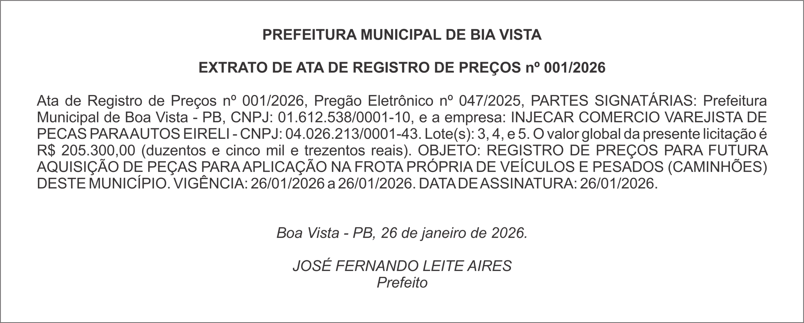 PREFEITURA DE BOA VISTA – EXTRATO DE ATA DE REGISTRO DE PREÇOS nº 001/2026