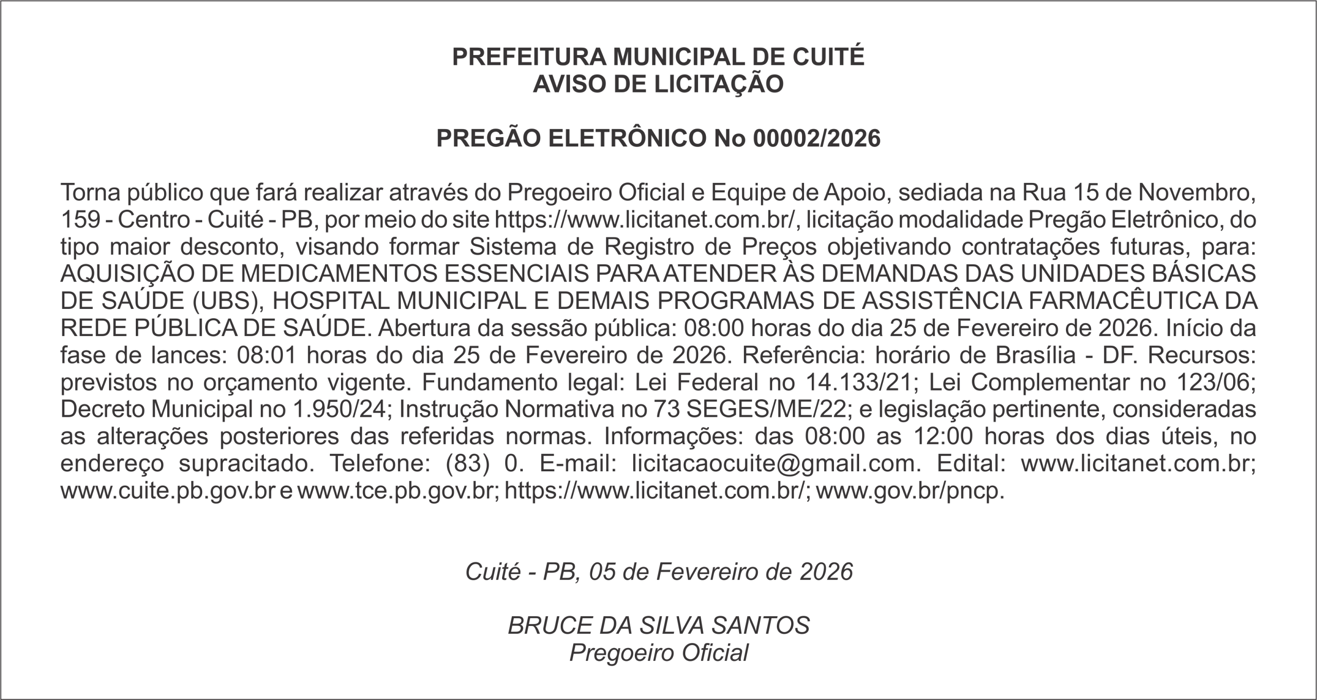 PREFEITURA MUNICIPAL DE CUITÉ – AVISO DE LICITAÇÃO PREGÃO ELETRÔNICO No 00002/2026
