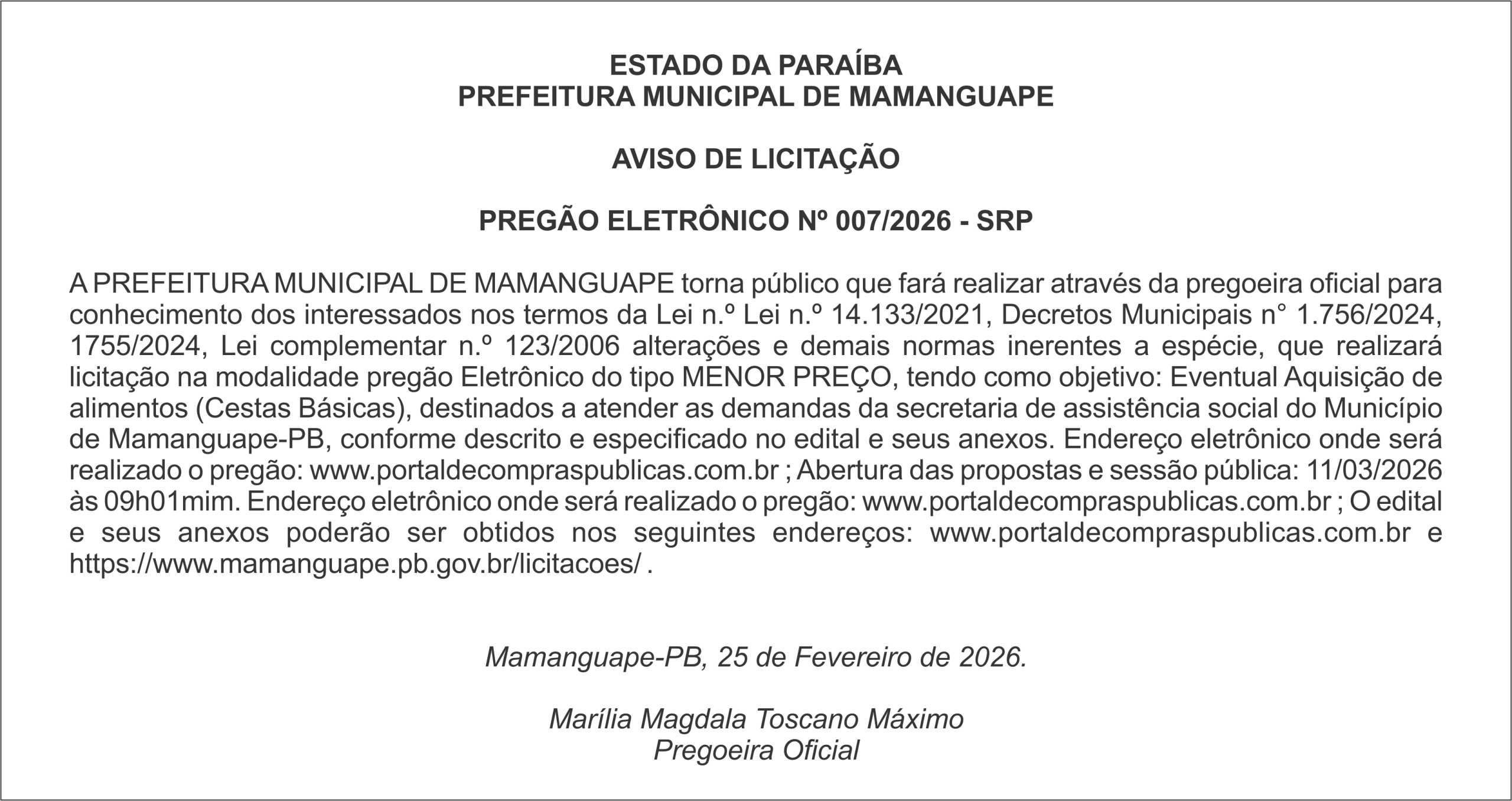 PREFEITURA MUNICIPAL DE MAMANGUAPE – AVISO DE LICITAÇÃO – PREGÃO ELETRÔNICO Nº 007/2026 – SRP