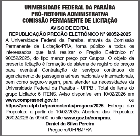 UNIVERSIDADE FEDERAL DA PARAIBA – REPUBLICAÇÃO – PREGÃO ELETRÔNICO No 90052-2025