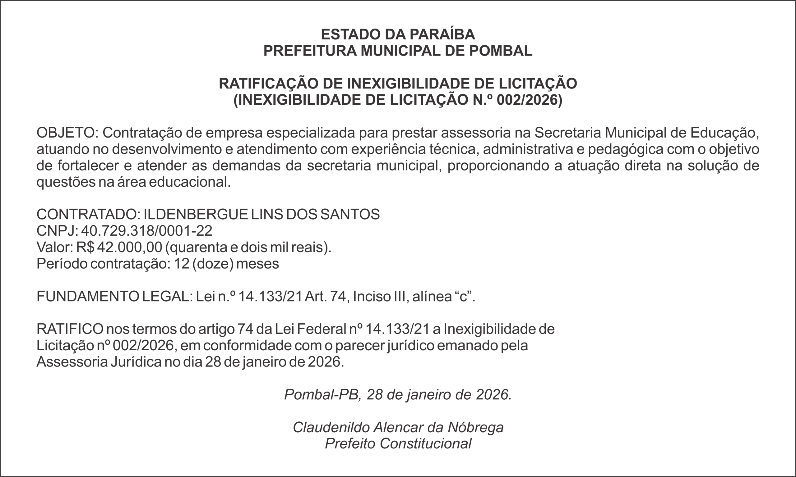 PREFEITURA MUNICIPAL DE POMBAL – RATIFICAÇÃO DE INEXIGIBILIDADE DE LICITAÇÃO (INEXIGIBILIDADE DE LICITAÇÃO N.º 002/2026)
