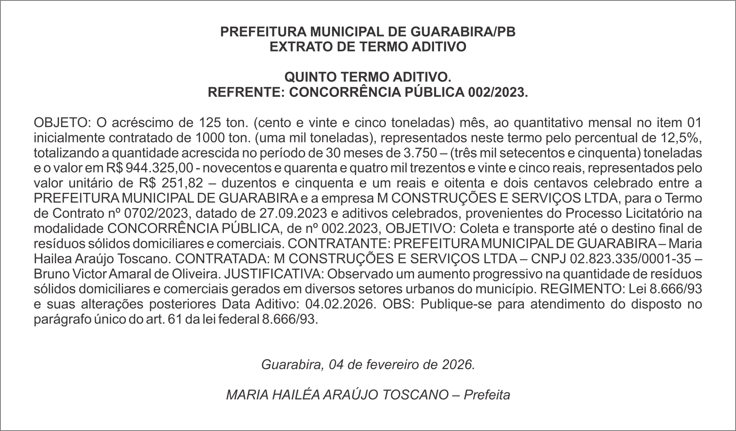 PREFEITURA MUNICIPAL DE GUARABIRA/PB EXTRATO DE TERMO ADITIVO