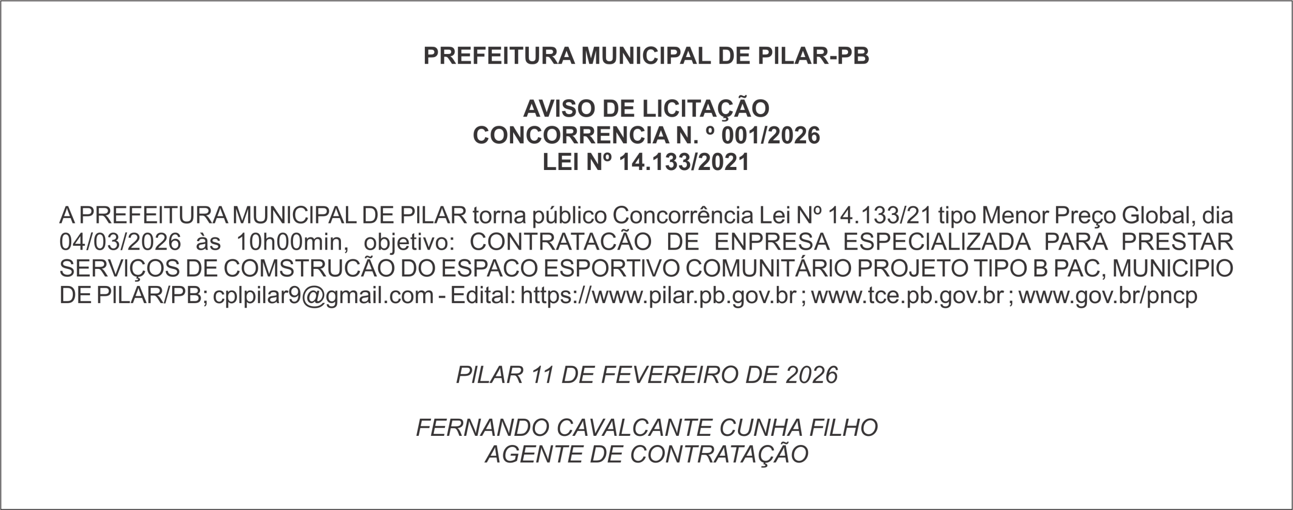 PREFElTURA MUNlClPAL DE PlLAR-PB – AVlSO DE LlClTAÇÃO – CONCORRENClA N. º 001/2026