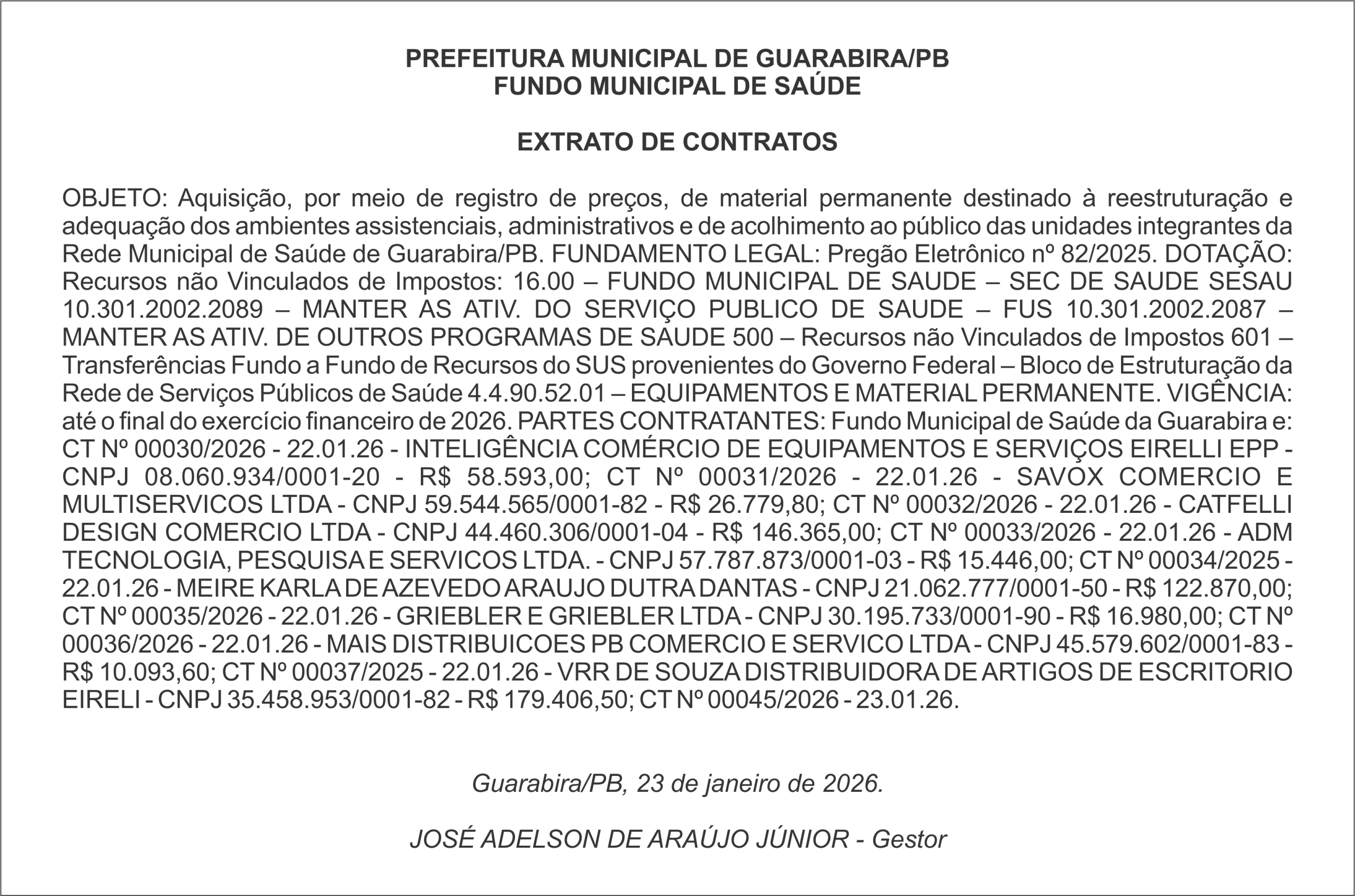 PREFEITURA MUNICIPAL DE GUARABIRA/PB – FUNDO MUNICIPAL DE SAÚDE – EXTRATO DE CONTRATOS