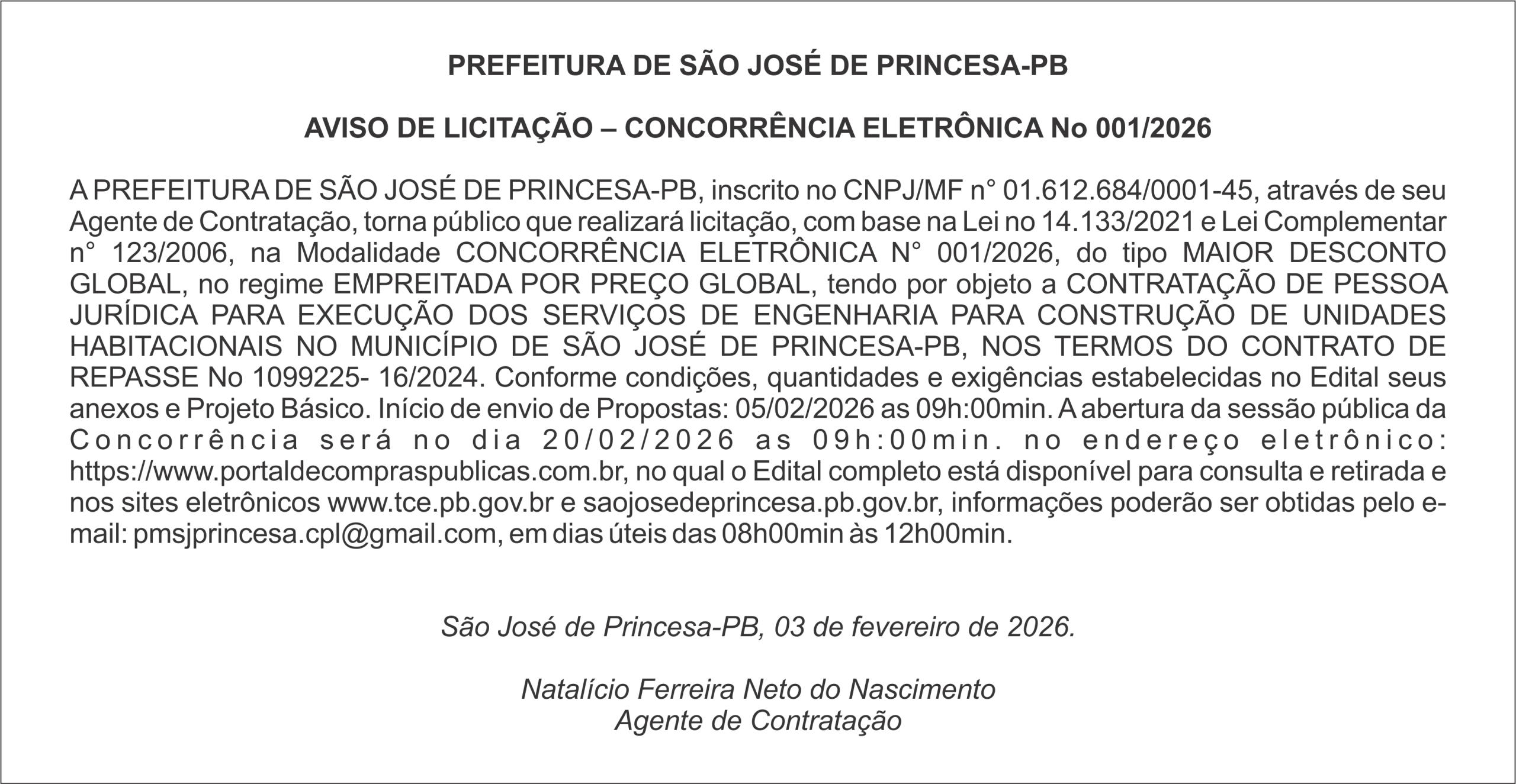 PREFEITURA DE SÃO JOSÉ DE PRINCESA-PB – AVISO DE LICITAÇÃO – CONCORRÊNCIA ELETRÔNICA No 001/2026