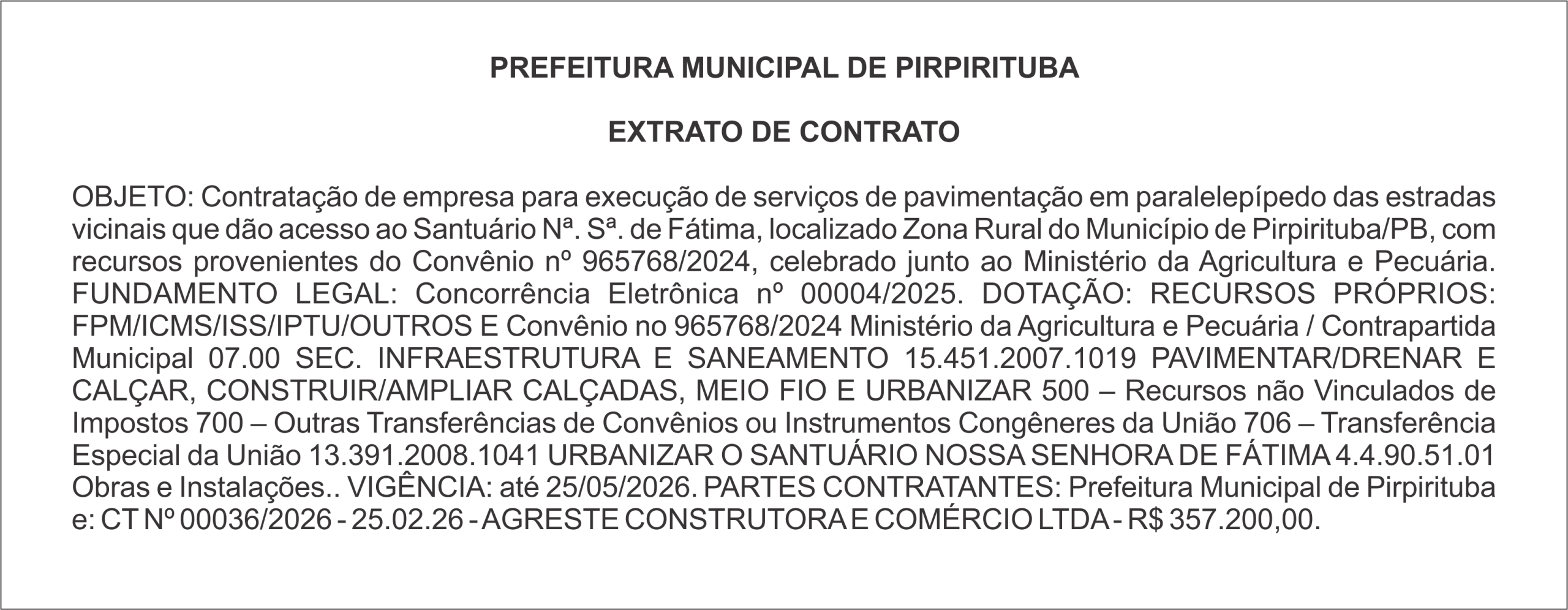 PREFEITURA MUNICIPAL DE PIRPIRITUBA – EXTRATO DE CONTRATO