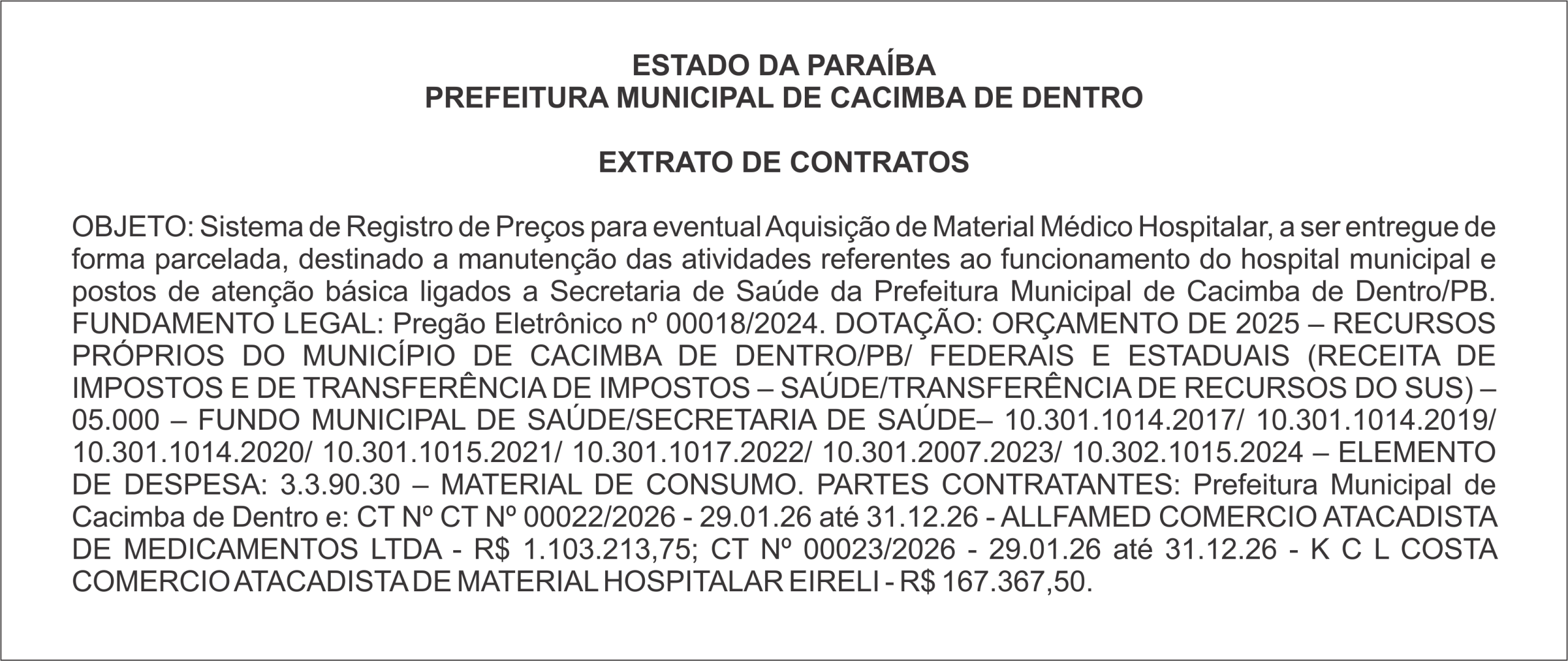 PREFEITURA MUNICIPAL DE CACIMBA DE DENTRO – EXTRATO DE CONTRATOS