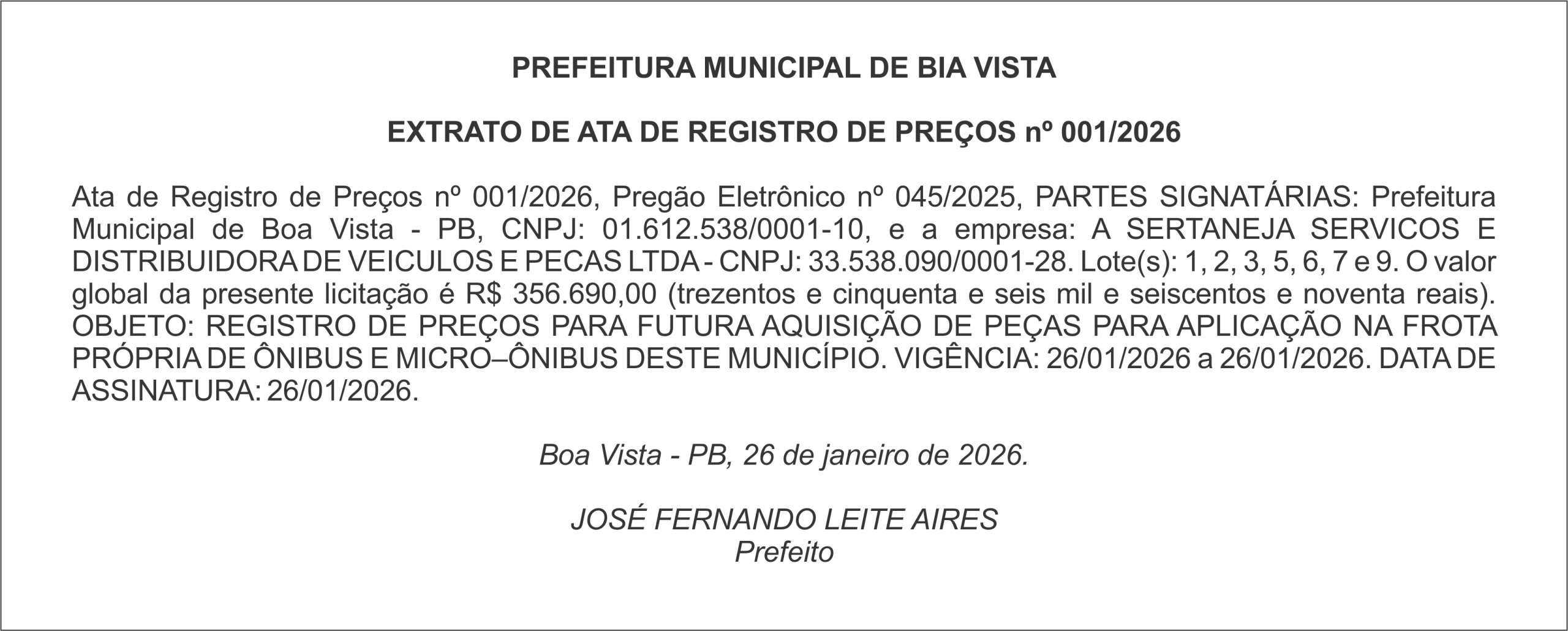PREFEITURA DE BOA VISTA – EXTRATO DE ATA DE REGISTRO DE PREÇOS nº 001/2026