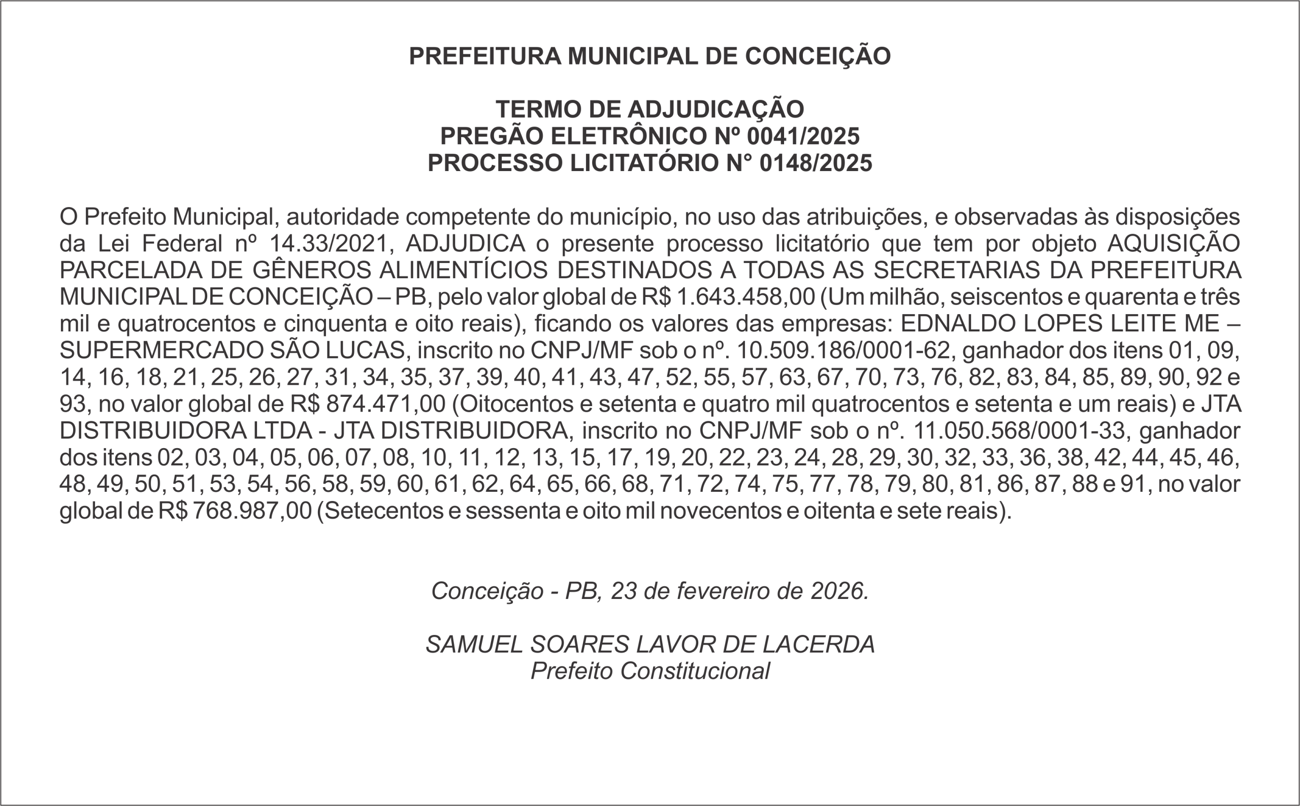 PREFEITURA MUNICIPAL DE CONCEIÇÃO/PB – TERMO DE ADJUDICAÇÃO – PREGÃO ELETRÔNICO Nº 0041/2025