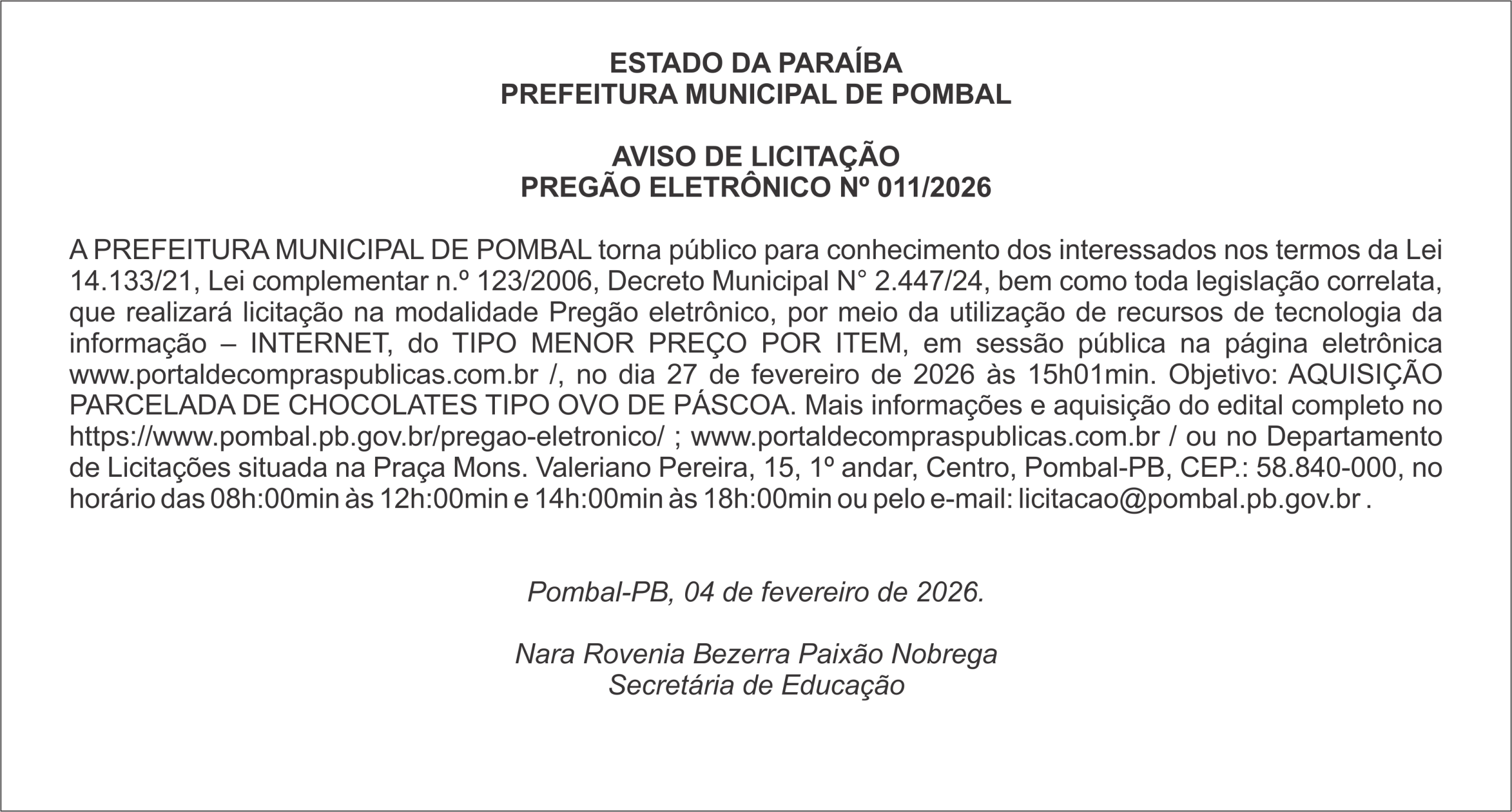 PREFEITURA MUNICIPAL DE POMBAL – AVISO DE LICITAÇÃO – PREGÃO ELETRÔNICO Nº 011/2026