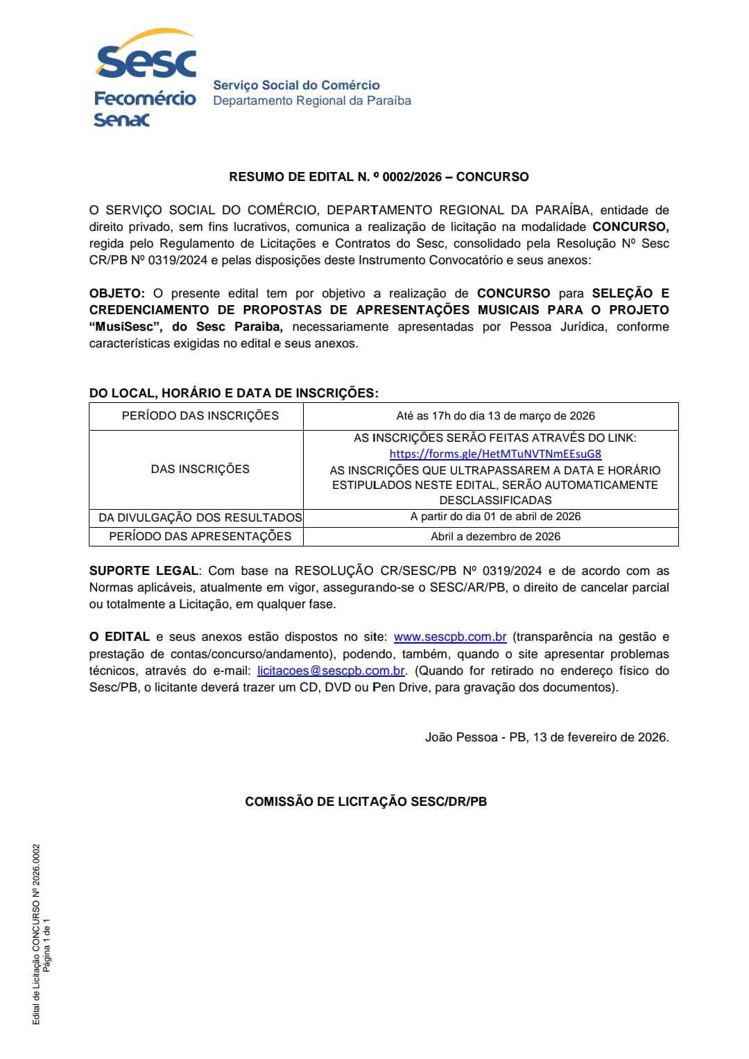 SESC – RESUMO DE EDITAL N. º 0002/2026 – CONCURSO