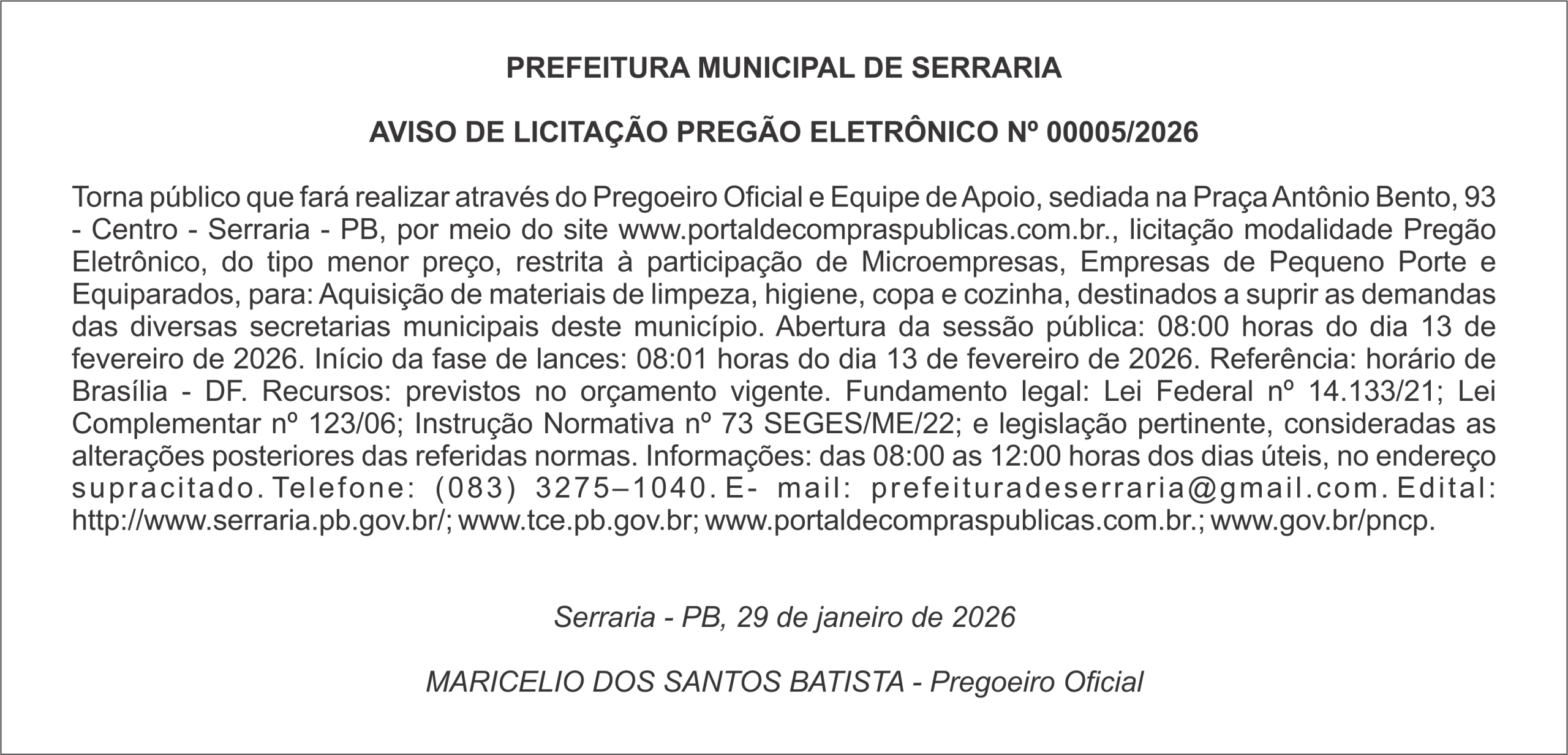 PREFEITURA MUNICIPAL DE SERRARIA – AVISO DE LICITAÇÃO – PREGÃO ELETRÔNICO Nº 00005/2026