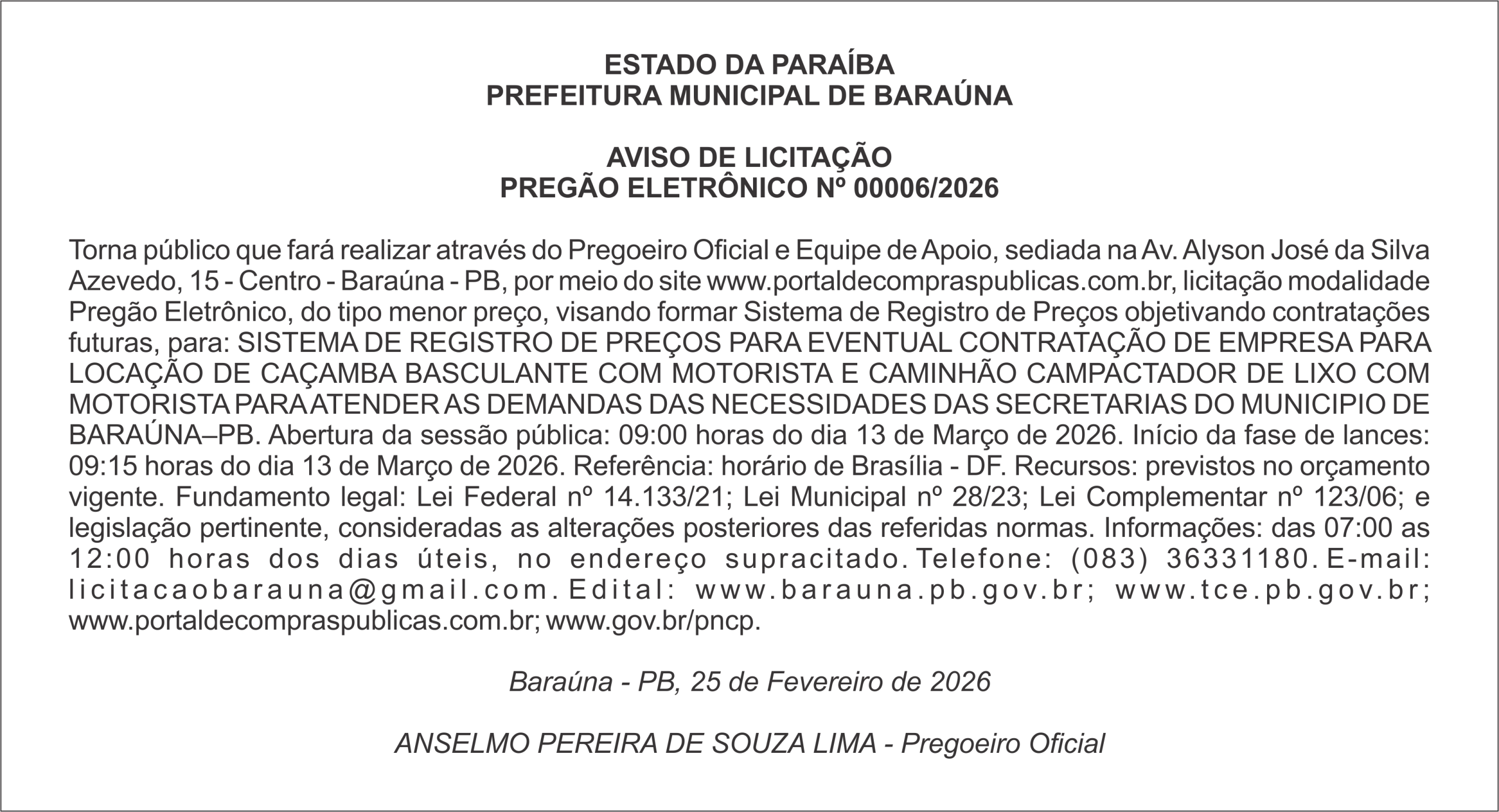 PREFEITURA MUNICIPAL DE BARAÚNA –  AVISO DE LICITAÇÃO PREGÃO ELETRÔNICO Nº 00006/2026