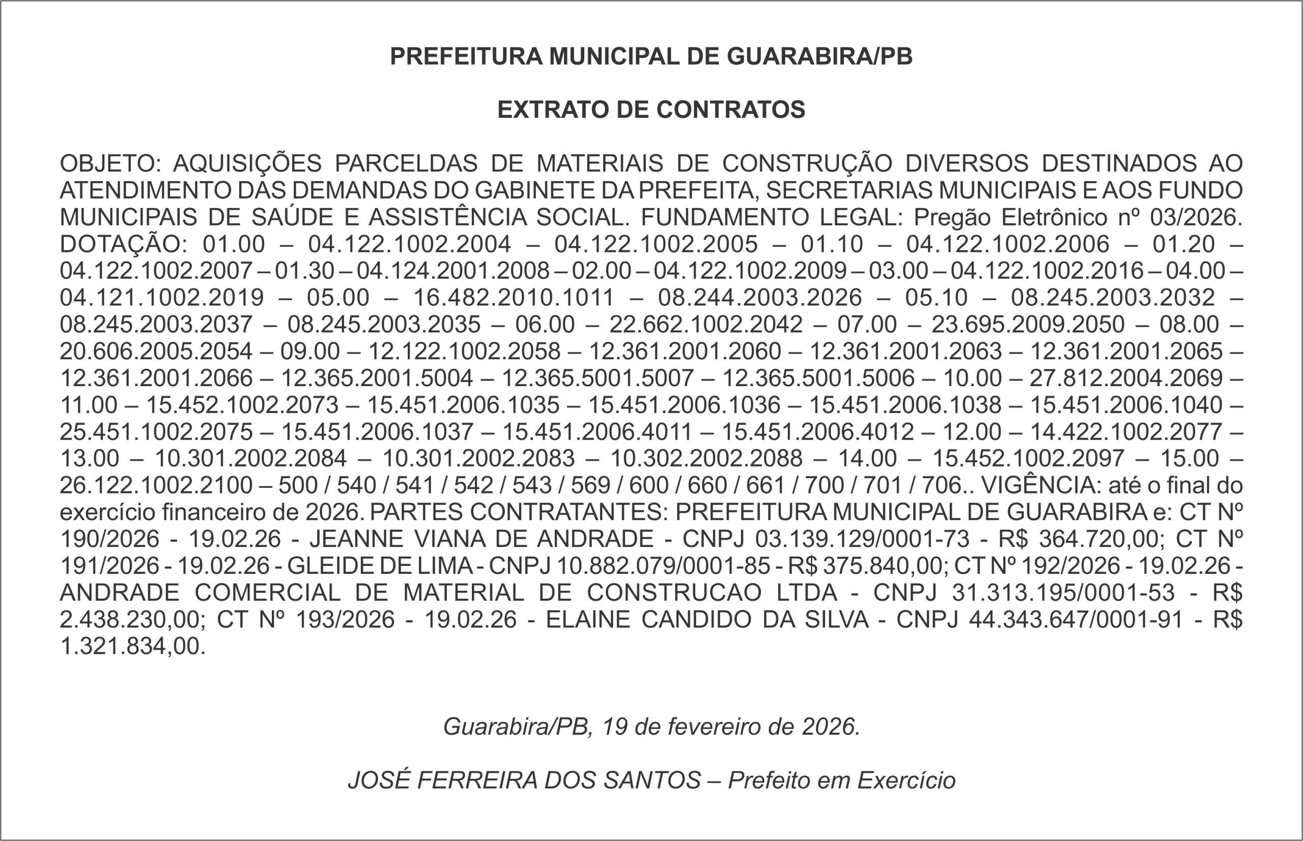 PREFEITURA MUNICIPAL DE GUARABIRA/PB  EXTRATO DE CONTRATOS