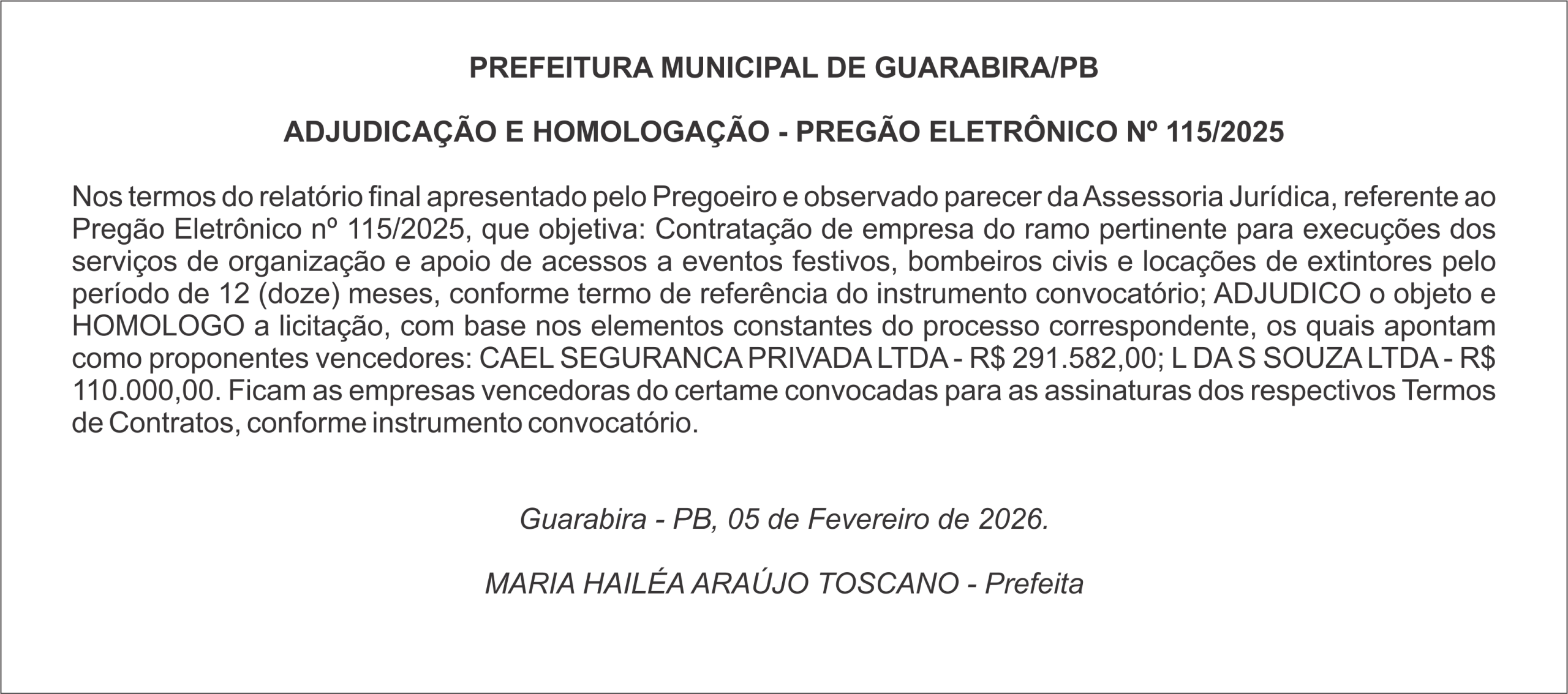PREFEITURA MUNICIPAL DE GUARABIRA/PB  ADJUDICAÇÃO E HOMOLOGAÇÃO – PREGÃO ELETRÔNICO Nº 115/2025