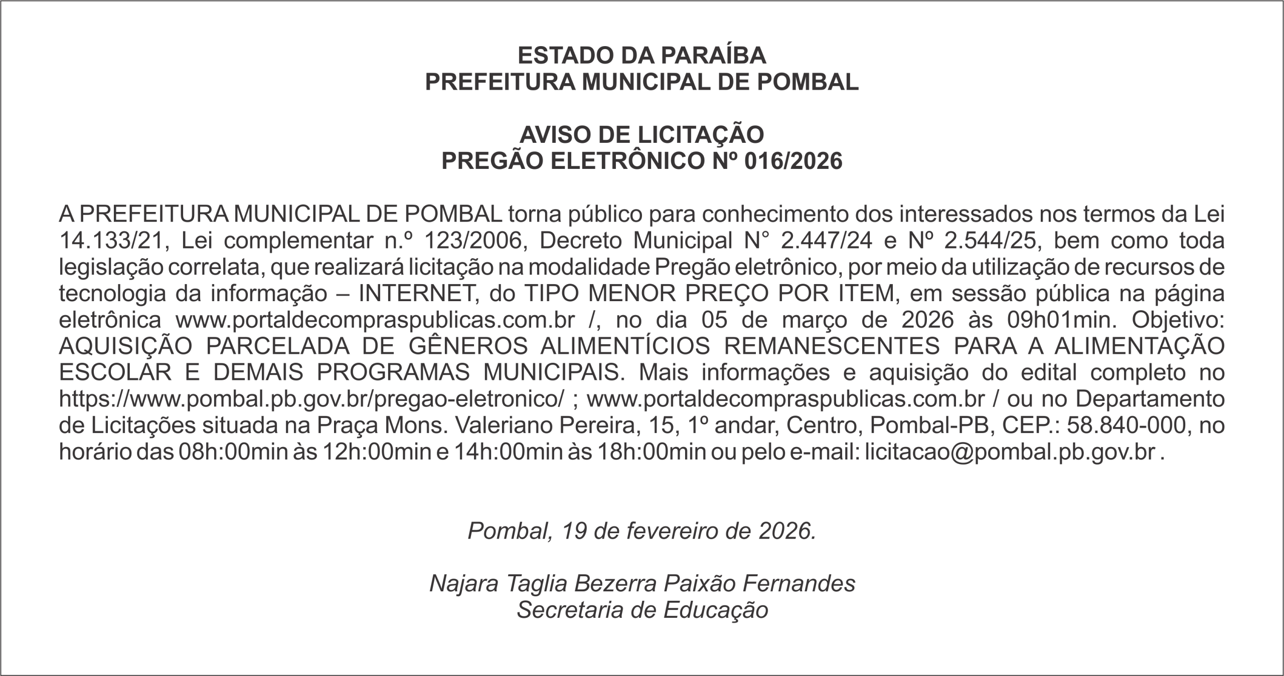 PREFEITURA MUNICIPAL DE POMBAL – AVISO DE LICITAÇÃO – PREGÃO ELETRÔNICO Nº 016/2026