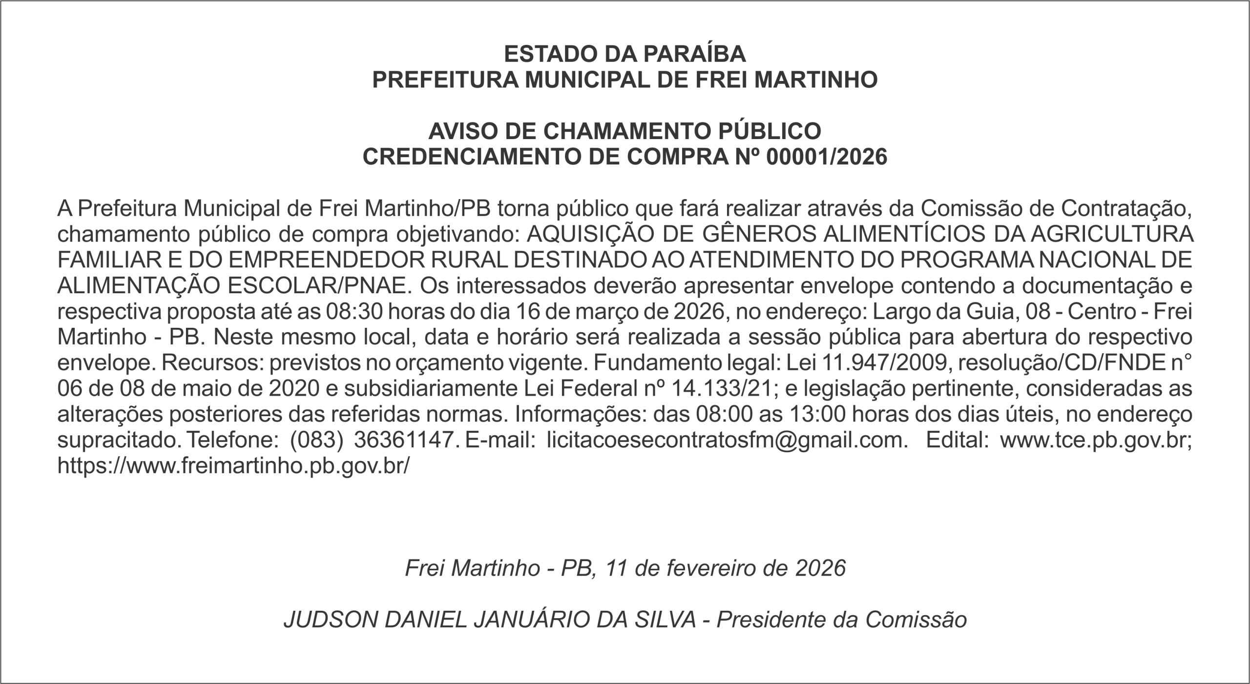 PREFEITURA MUNICIPAL DE FREI MARTINHO – AVISO DE CHAMAMENTO PÚBLICO – CREDENCIAMENTO DE COMPRA Nº 00001/2026