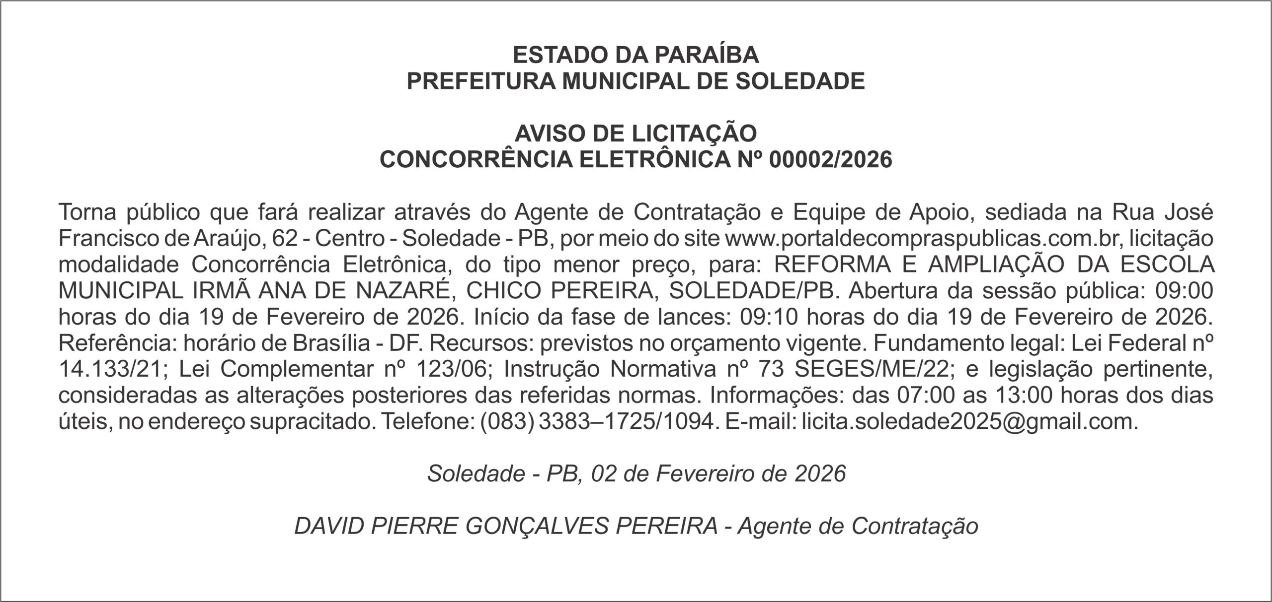 PREFEITURA MUNICIPAL DE SOLEDADE – AVISO DE LICITAÇÃO – CONCORRÊNCIA ELETRÔNICA Nº 00002/2026