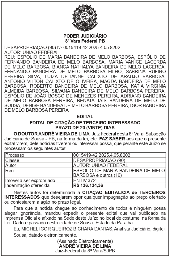 SECRETARIA NACIONAL DE SEGURANÇA HIDRICA – SNSH – MDR – DF – BRASÍLIA – Edital de Citação de Terceiro Interessado – ENTIV-372 (ESPÓLIO DE MARIA BANDEIRA DE MELO BARBOSA)