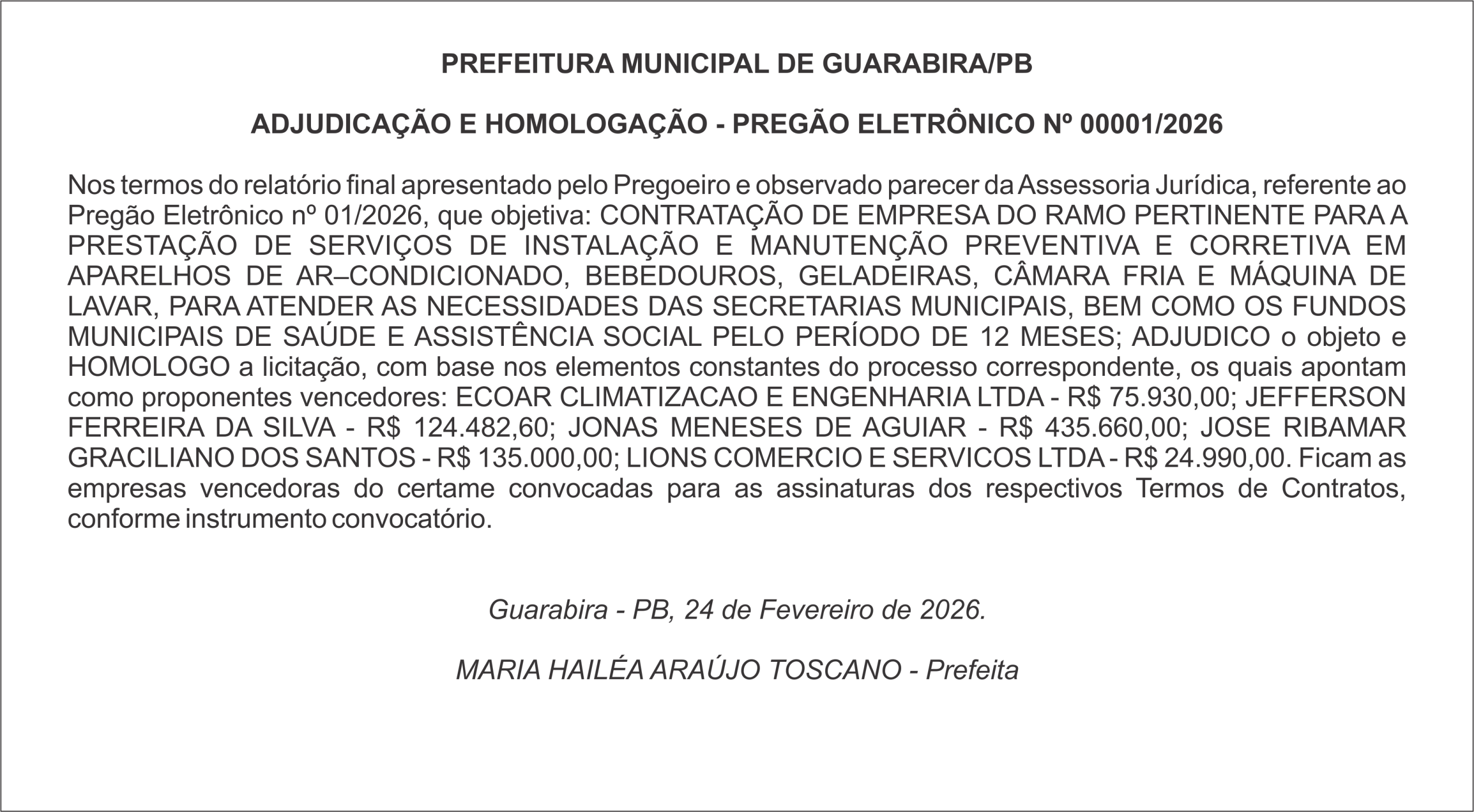 PREFEITURA MUNICIPAL DE GUARABIRA/PB – ADJUDICAÇÃO E HOMOLOGAÇÃO – PREGÃO ELETRÔNICO Nº 00001/2026