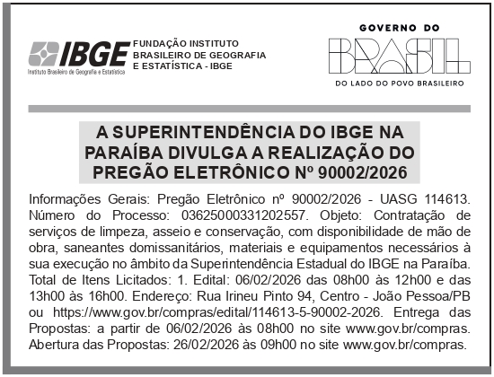IBGE – PB – JOÃO PESSOA – A Superintendência do IBGE na Paraíba divulga a realização do Pregão Eletrônico no 90002/2026
