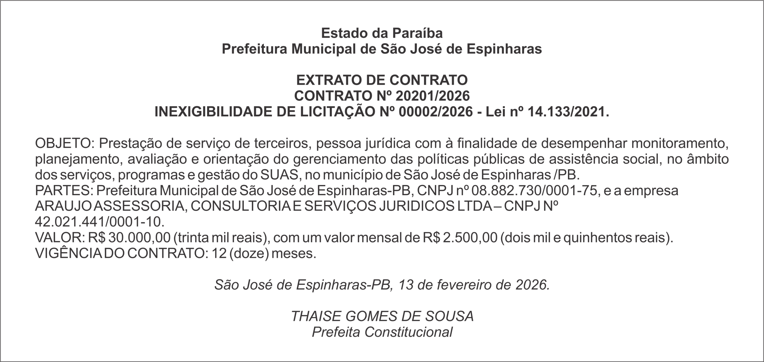 PREFEITURA DE SÃO JOSÉ DE ESPINHARAS – EXTRATO DE CONTRATO CONTRATO Nº 20201/2026