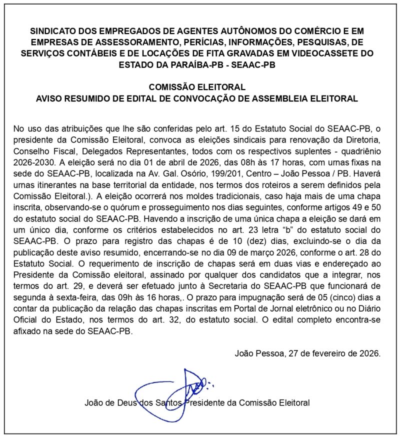 SEAAC-PB  – AVISO  – RESUMIDO DE EDITAL DE CONVOCAÇÃO DE ASSEMBLEIA ELEITORAL