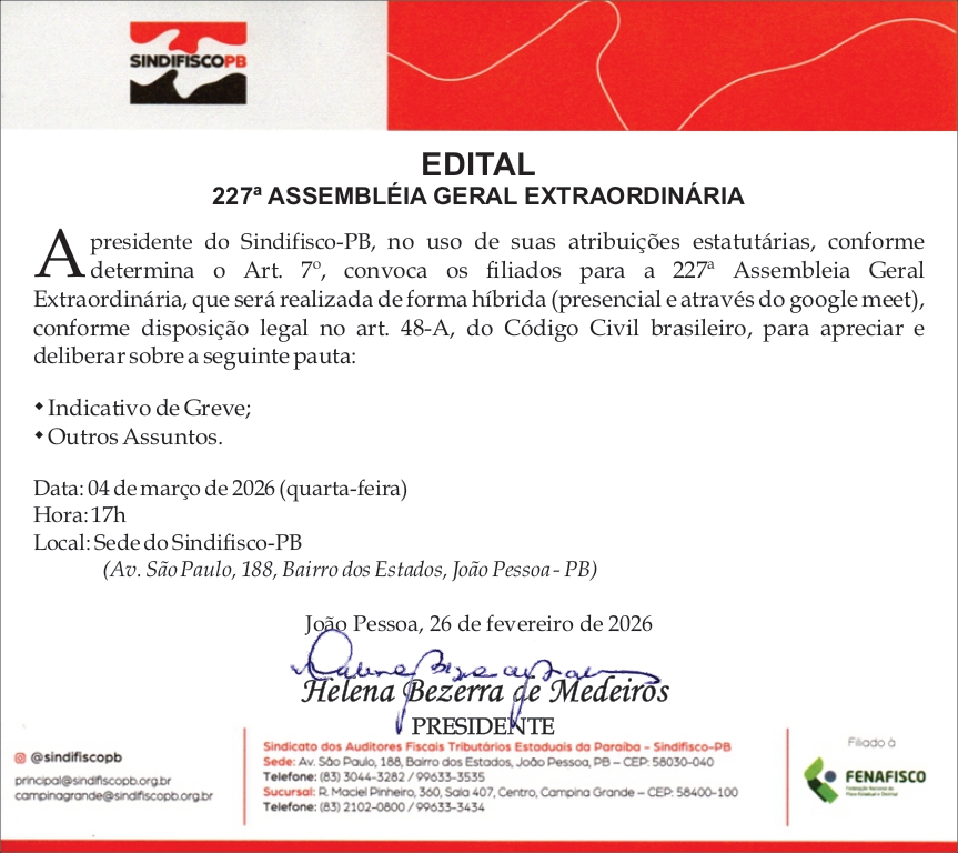 SINDIFISCO/BPB – EDITAL DA 227ª ASSEMBLÉIA GERAL EXTRAORDINÁRIA