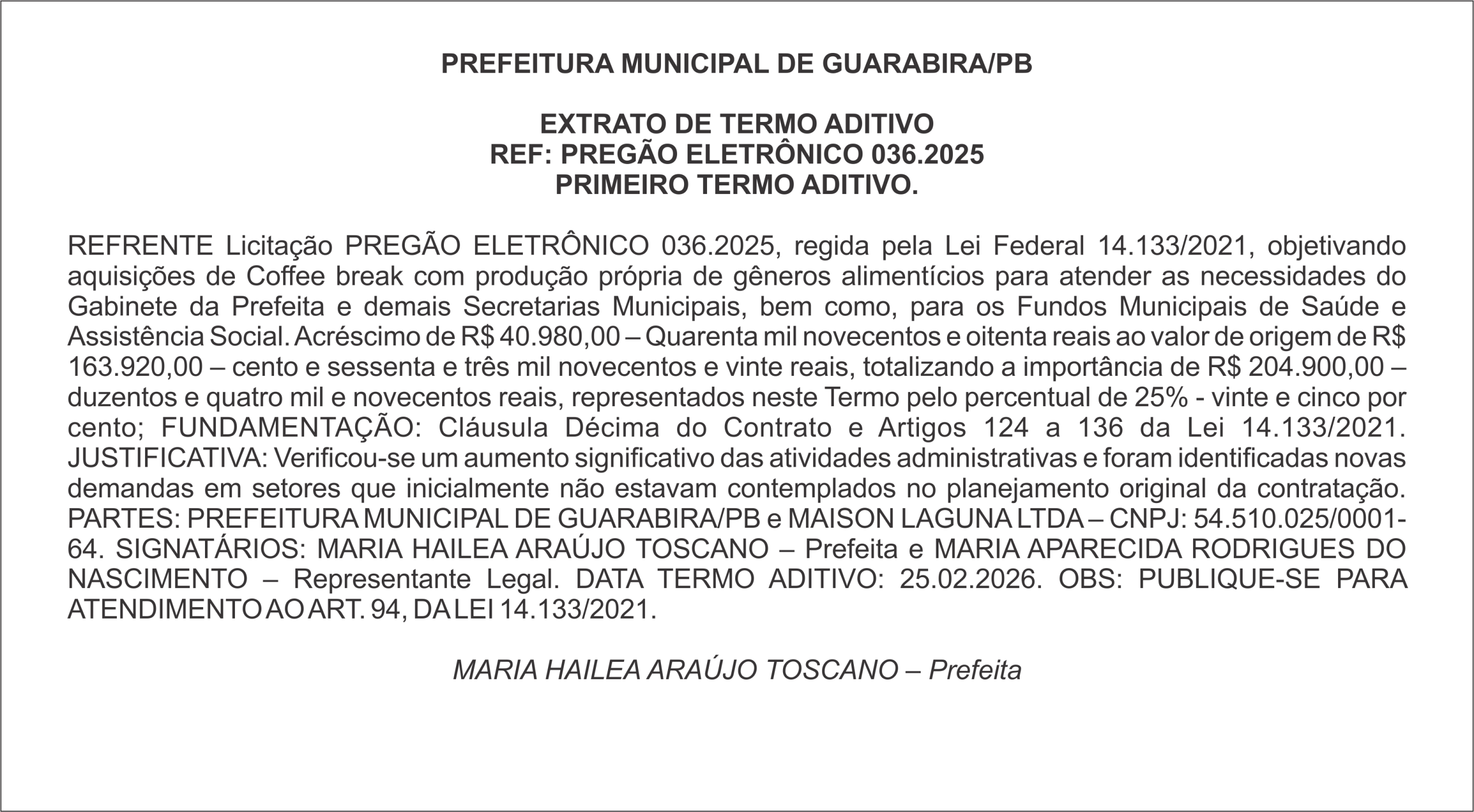PREFEITURA MUNICIPAL DE GUARABIRA/PB EXTRATO DE TERMO ADITIVO