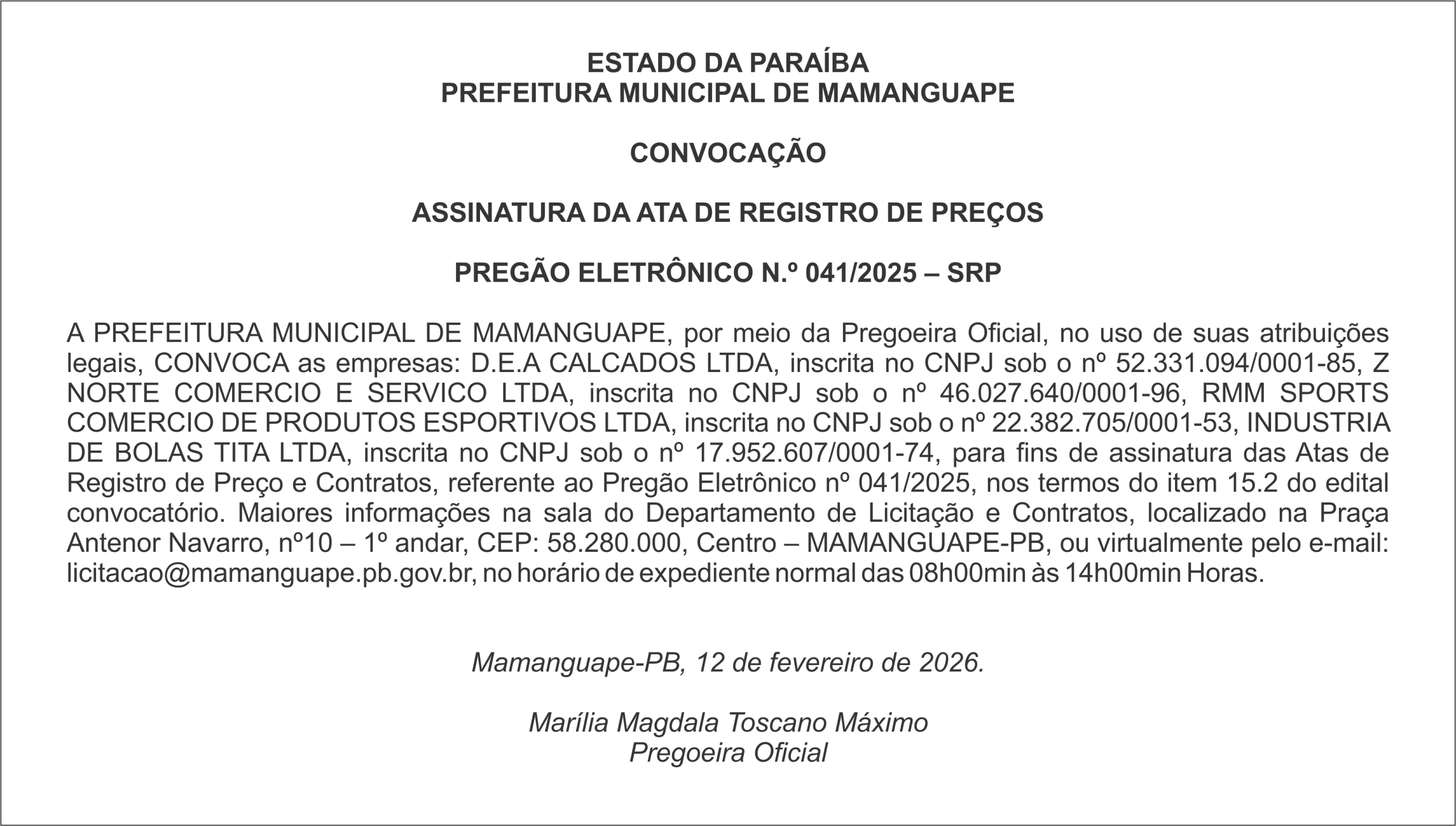 PREFEITURA MUNICIPAL DE MAMANGUAPE – CONVOCAÇÃO – ASSINATURA DA ATA DE REGISTRO DE PREÇOS