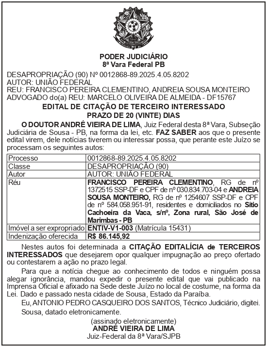 SECRETARIA NACIONAL DE SEGURANÇA HIDRICA – SNSH – MDR – DF – BRASÍLIA – Edital de Citação de Terceiro Interessado – ENTIV-V1-003 (FRANCISCO PEREIRA CLEMENTINO)