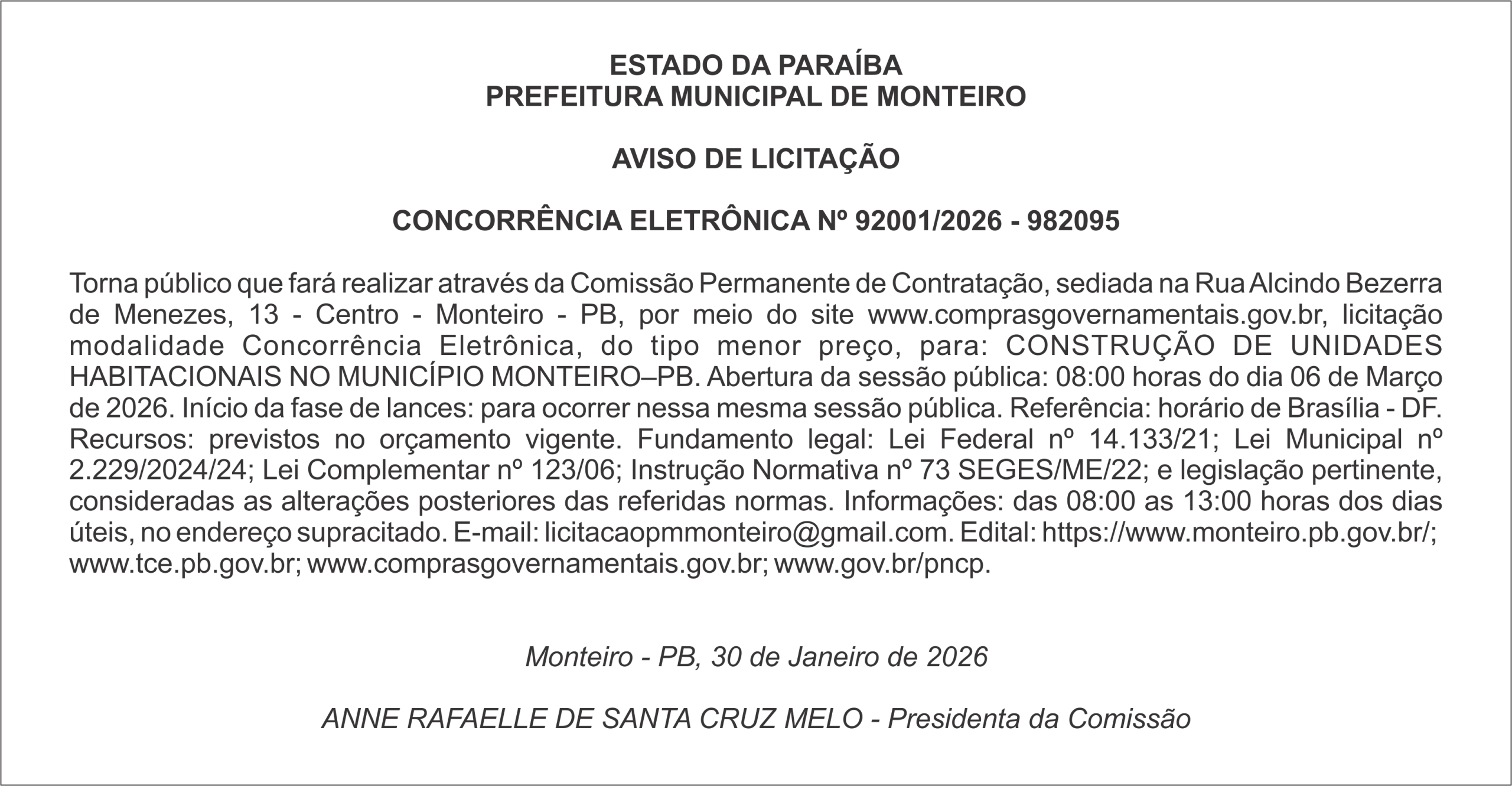 PREFEITURA MUNICIPAL DE MONTEIRO –  AVISO DE LICITAÇÃO  CONCORRÊNCIA ELETRÔNICA Nº 92001/2026 – 982095