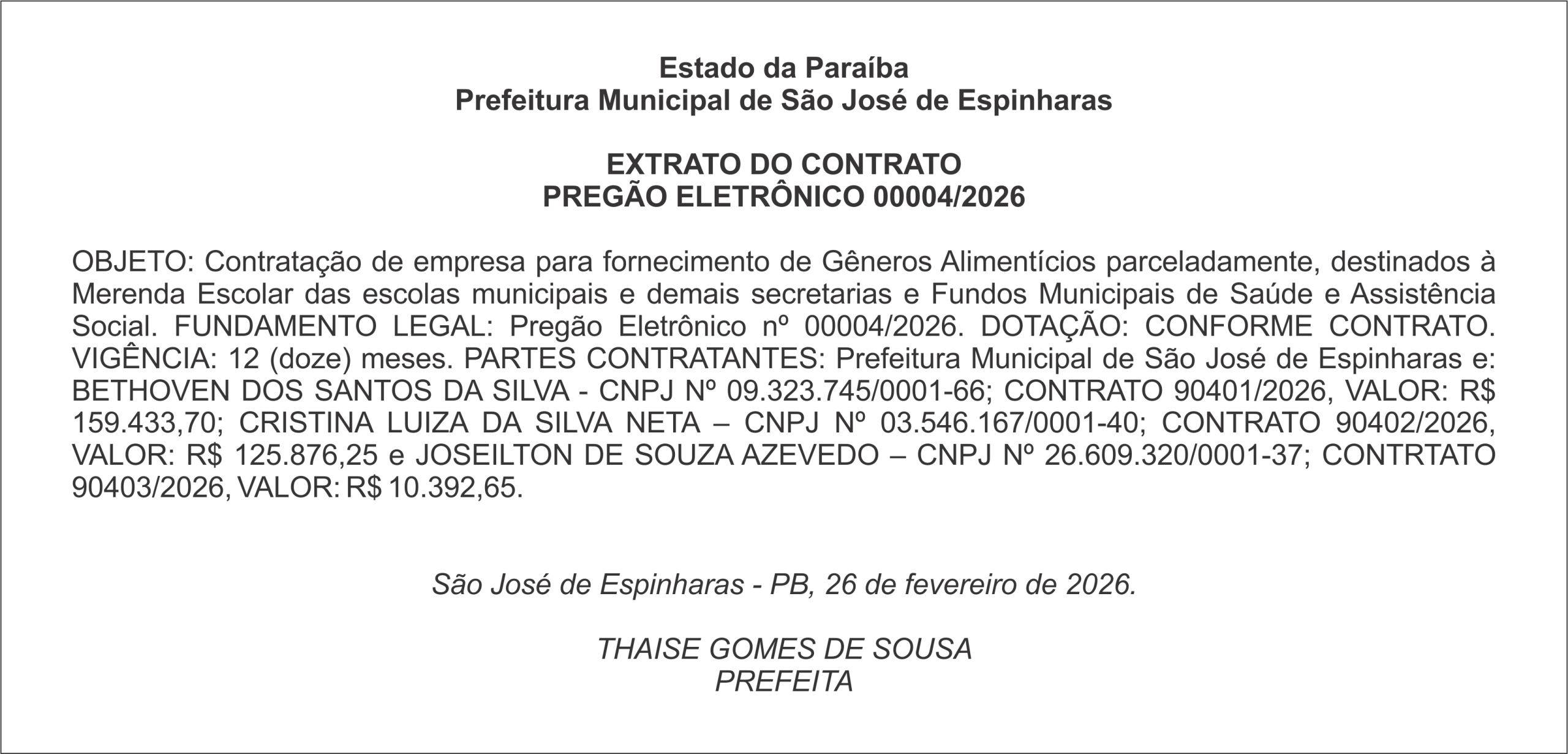 PREFEITURA DE SÃO JOSÉ DE ESPINHARAS – EXTRATO DO CONTRATO