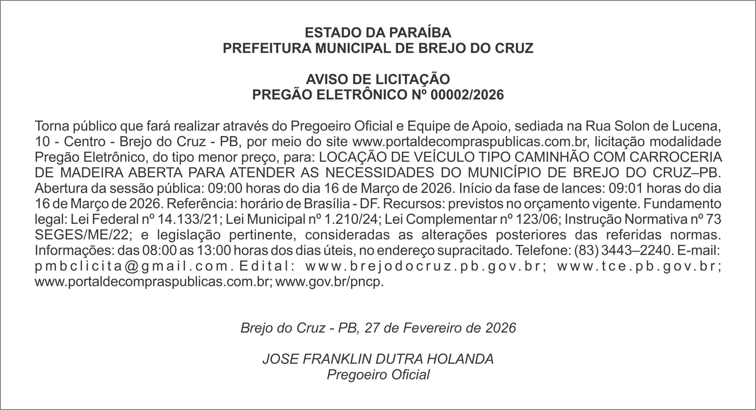 PREFEITURA MUNICIPAL DE BREJO DO CRUZ – AVISO DE LICITAÇÃO – PREGÃO ELETRÔNICO Nº 00002/2026