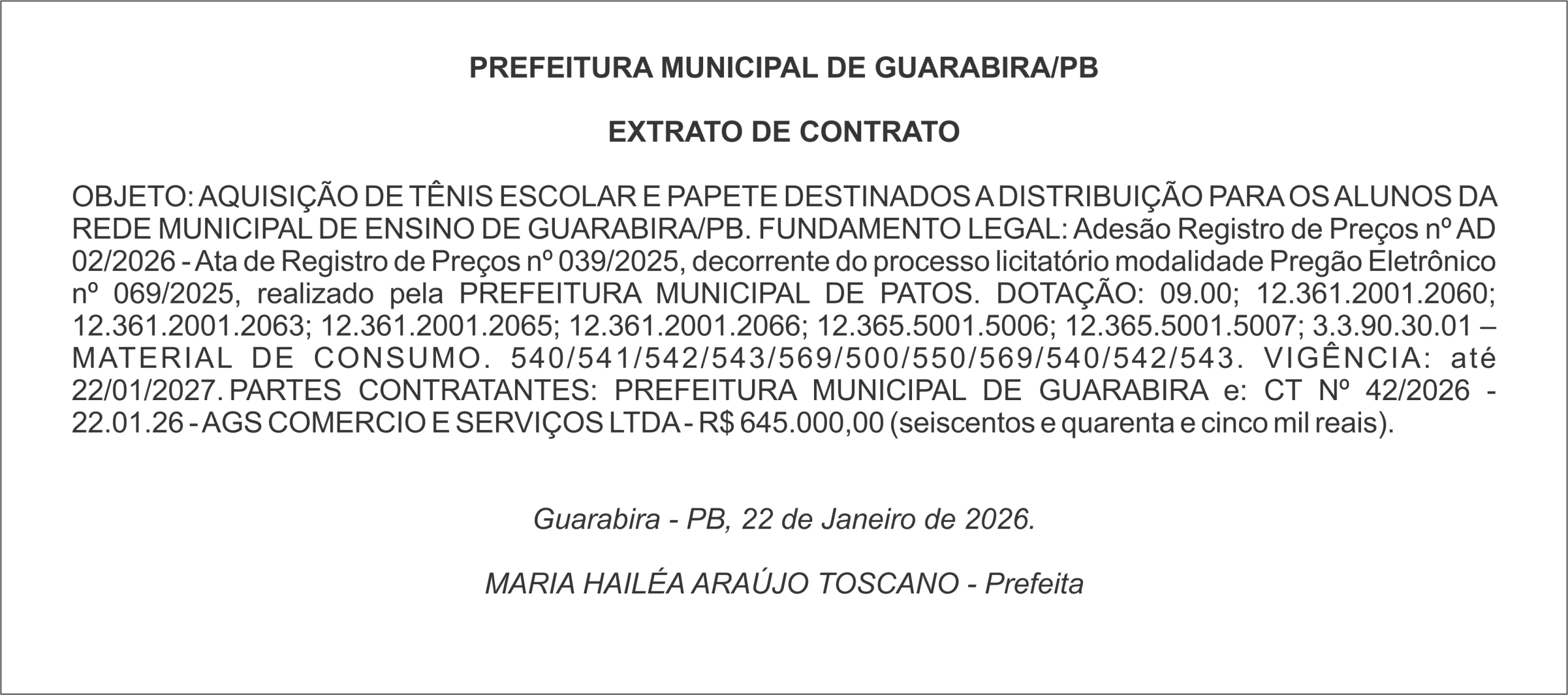 PREFEITURA MUNICIPAL DE GUARABIRA/PB – EXTRATO DE CONTRATO