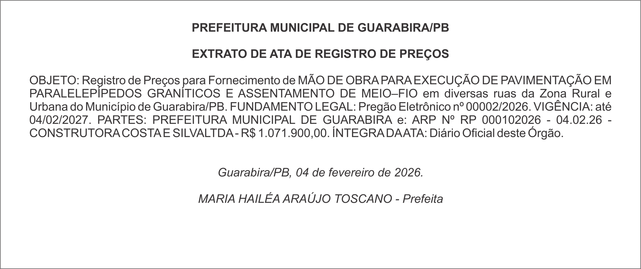 PREFEITURA MUNICIPAL DE GUARABIRA/PB – EXTRATO DE ATA DE REGISTRO DE PREÇOS