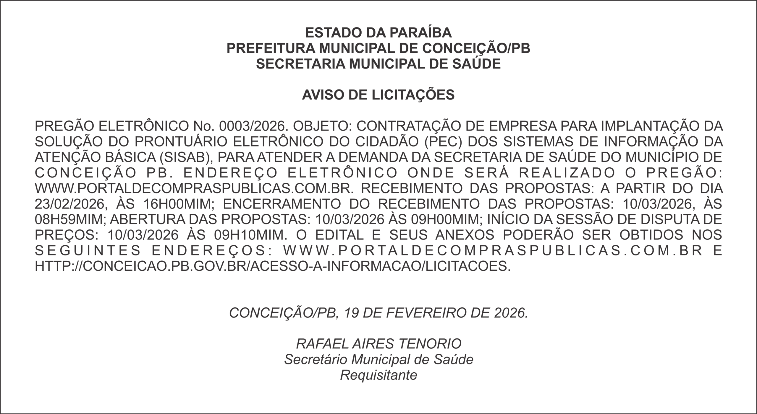 PREFEITURA MUNICIPAL DE CONCEIÇÃO/PB – AVISO DE LICITAÇÕES – PREGÃO ELETRÔNICO No. 0003/2026.