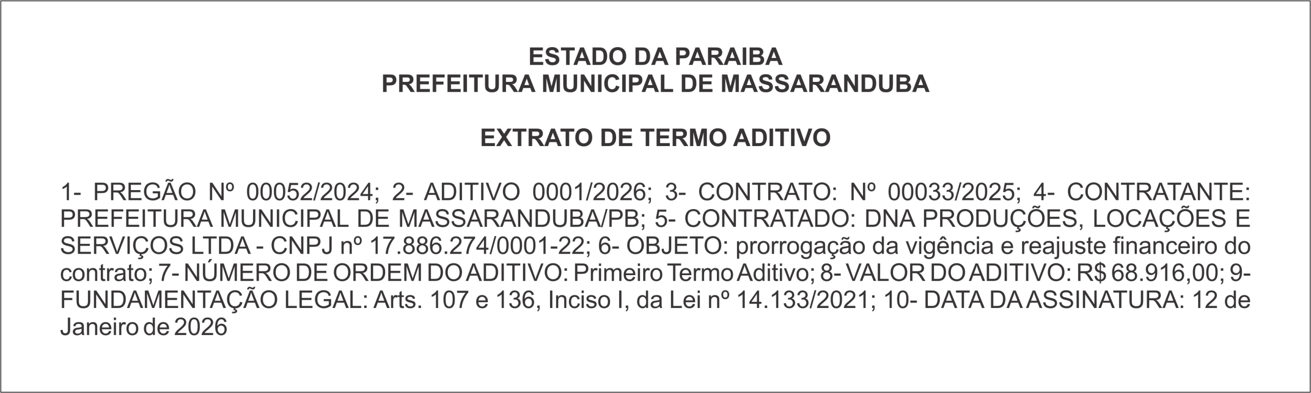 PREFEITURA MUNICIPAL DE MASSARANDUBA – EXTRATO DE TERMO ADITIVO