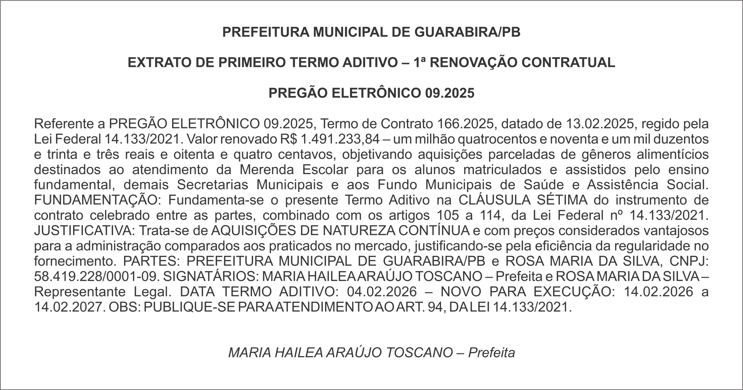 PREFEITURA MUNICIPAL DE GUARABIRA/PB – EXTRATO DE PRIMEIRO TERMO ADITIVO – 1ª RENOVAÇÃO CONTRATUAL