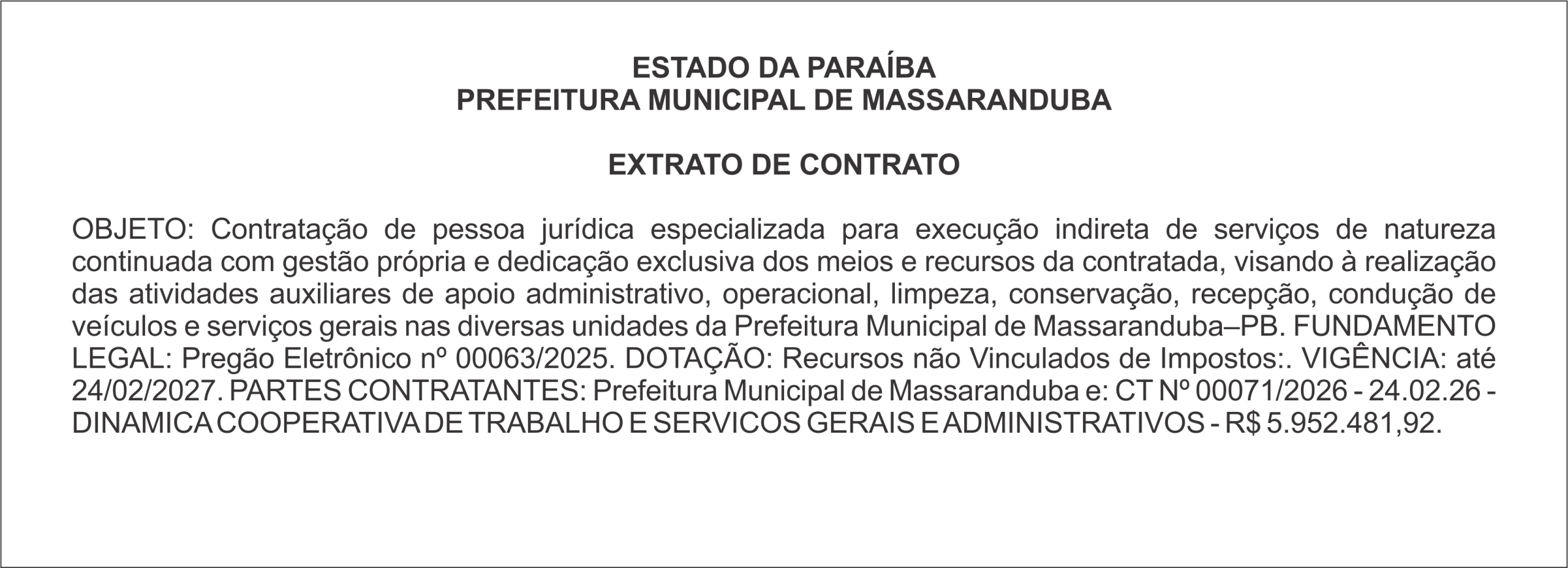 PREFEITURA MUNICIPAL DE MASSARANDUBA  – EXTRATO DE CONTRATO