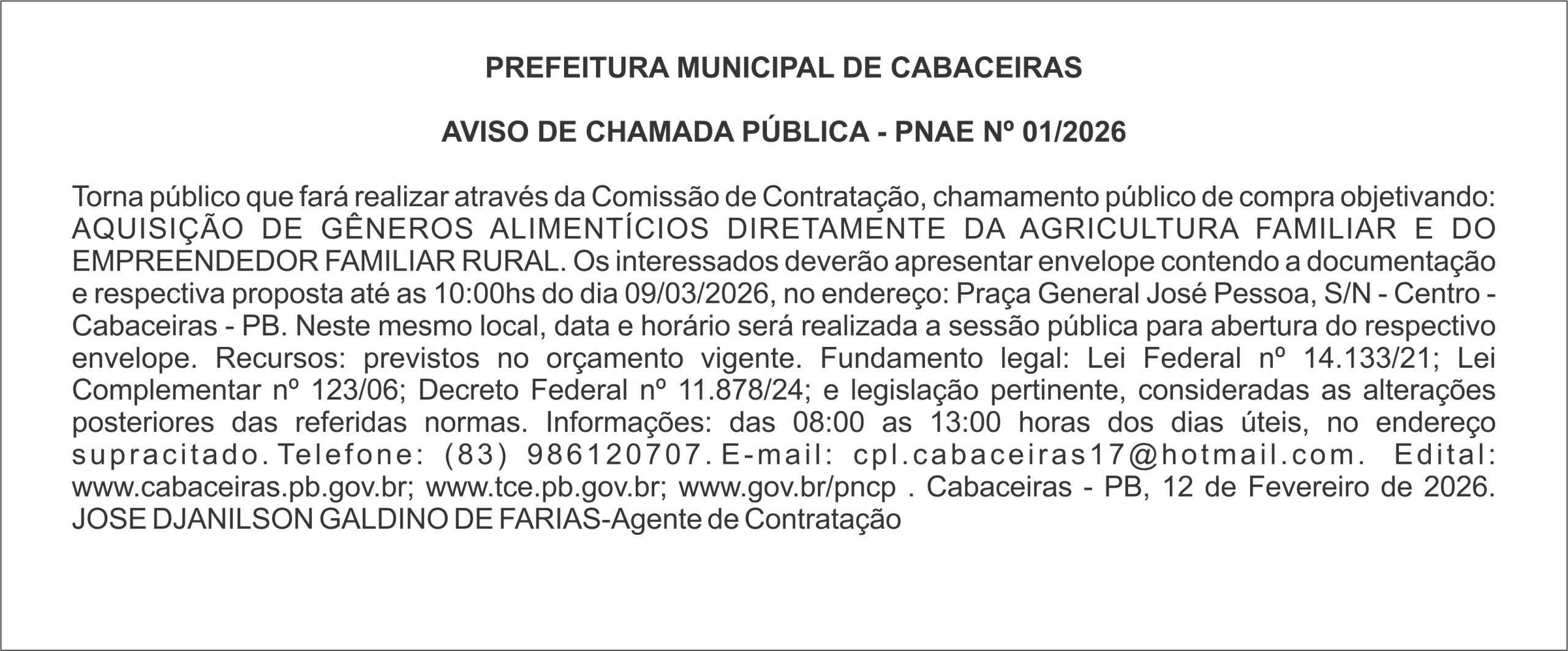 PREFEITURA MUNICIPAL DE CABACEIRAS – AVISO DE CHAMADA PÚBLICA – PNAE Nº 01/2026
