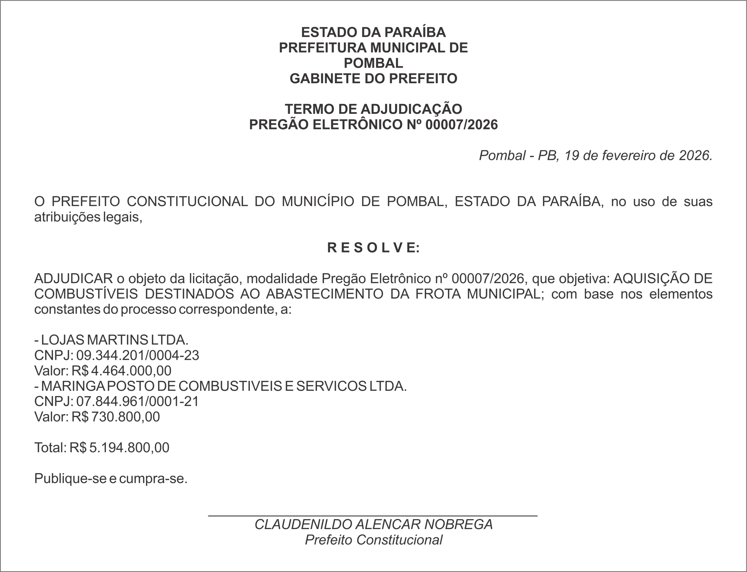 PREFEITURA MUNICIPAL DE POMBAL –  TERMO DE ADJUDICAÇÃO PREGÃO ELETRÔNICO Nº 00007/2026